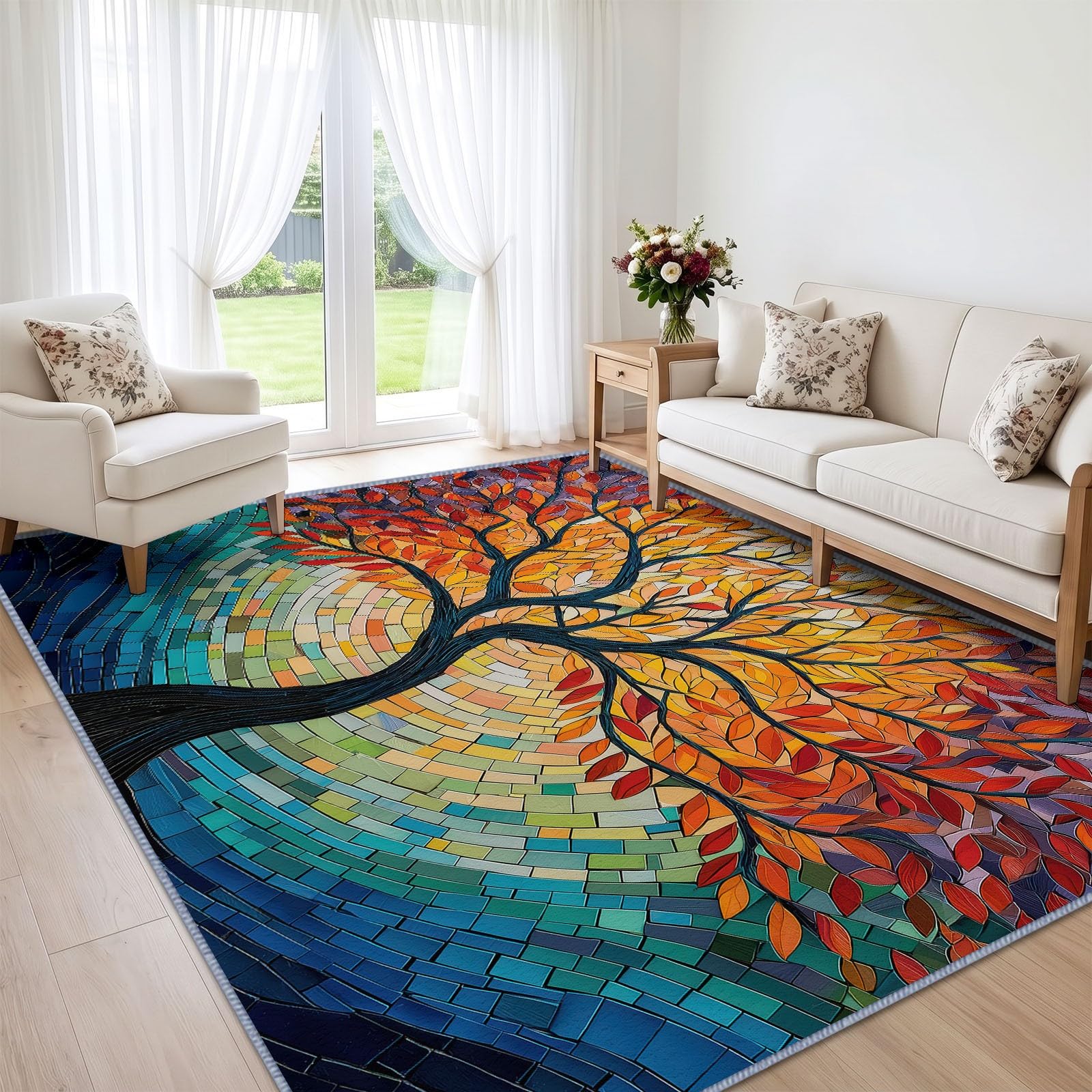 Tapis de Salon Arbre Vie Arc en Ciel 160 x 230 cm Garçons Filles Adolescents, Art Fantastique Tapis de Chambre 3D Imprimé Flanelle Lavable Moquette Coucher Cuisine Bureau