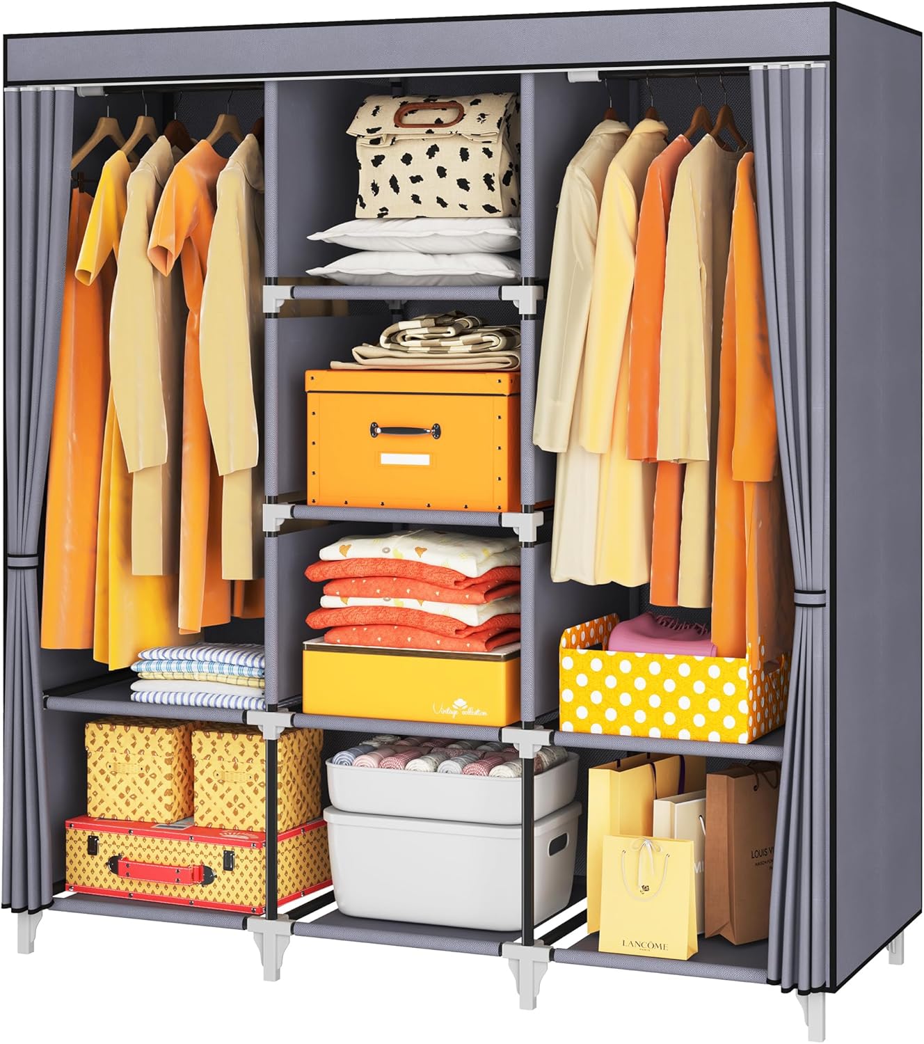 Portable Closet, 53 Inch Wardrobe Closet for Hanging Clothes with 2 Hanging Rods, 8 Storage Organizer Shelves, Non-Woven Fabric, Quick and Easy to Assembly, Grey