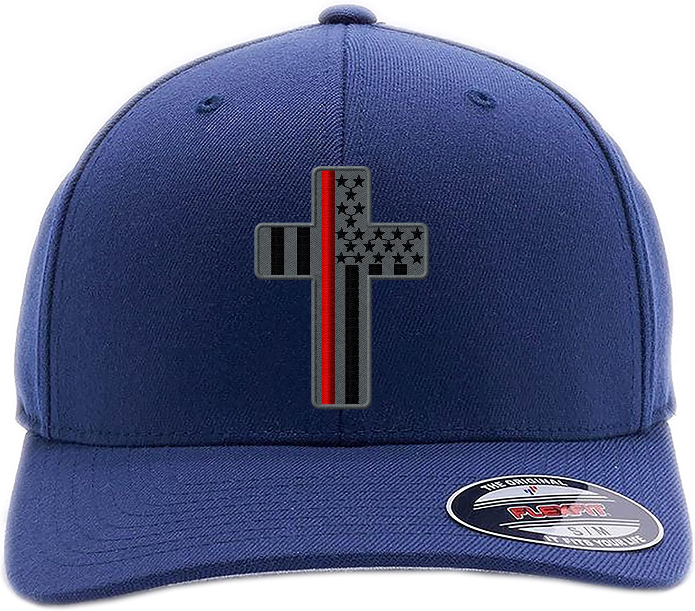 GNB CUSTOM EMBROIDERY LLCFirefighter Thin Red line Hereos Cross/Thin Blue line Heroes Cross American Flag Custom Embroidered Flex Fitted Baseball Hat