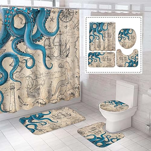 Juego de 4 cortinas de ducha de pulpo náutico vintage con alfombra, juego de baño retro costero con cortina de ducha impermeable y alfombras de