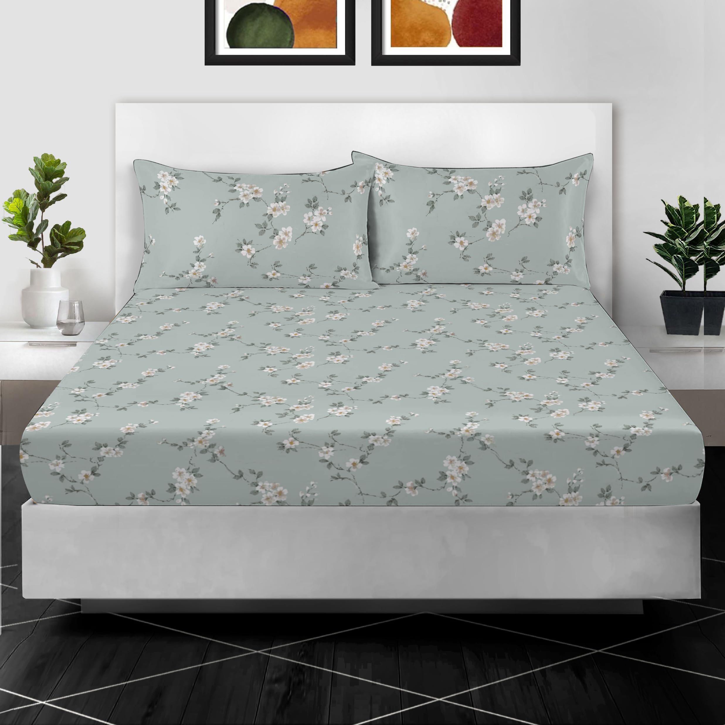 RAYBedding 3PC Printed Small Double Fitted Sheet 100% Egyptian Cotton Floral Design 400 Thread Count 30cm/12” Deep Fitted Small Double Bed Sheets with Pillow cases 2 Pack — image 1