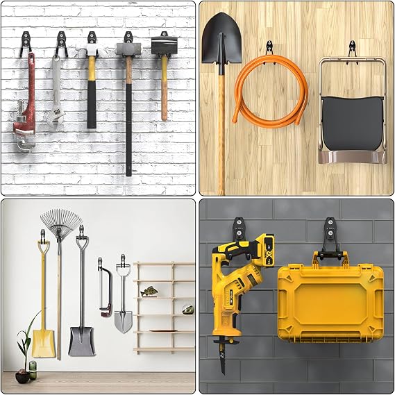 3-H Garage Hooks 4Pack, Solid Steel Heavy Duty Wall Hooks with Adjustable Extension Belt, 3 Round Welding Spots - Garage Storage for Ladders, Garden Tools, Fitness Tools (Black)