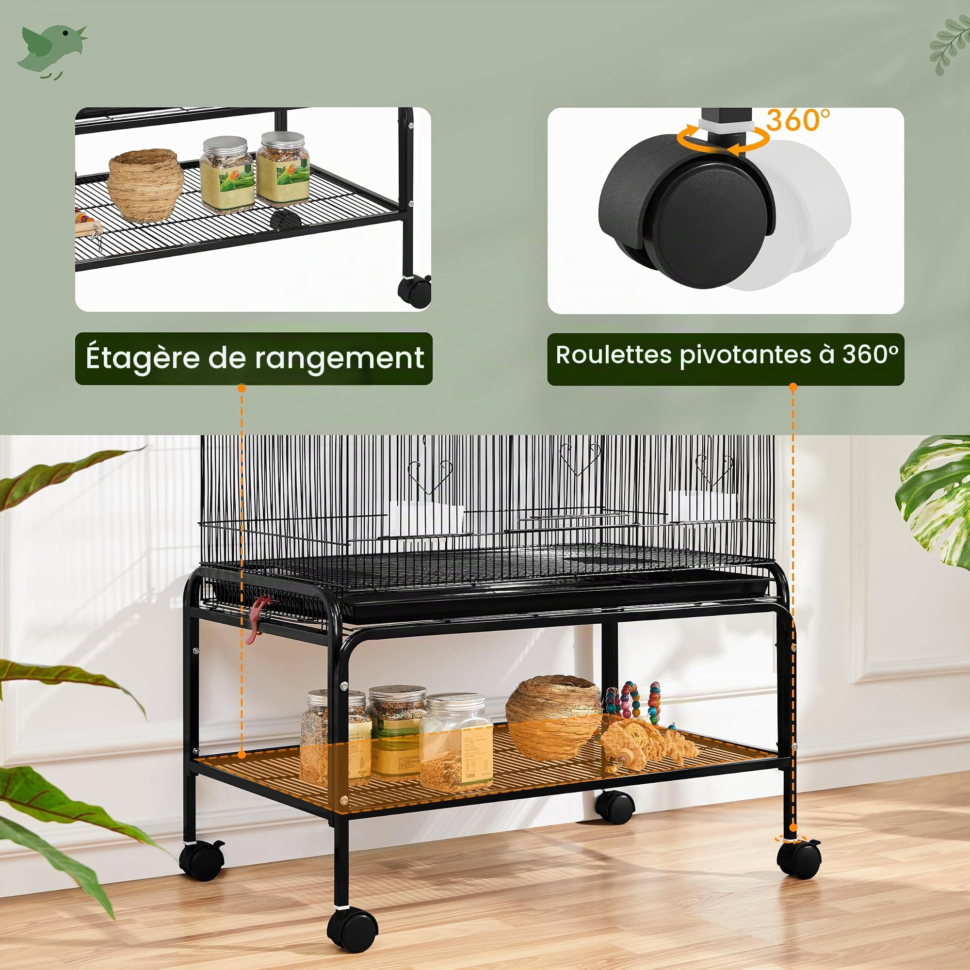 Yaheetech Grande Cage Oiseau sur Pied Volière Canaries Perroquet Grosses Perruches Cacatoès Ara Cage Oiseaux sur roulettes 2 Portes avec Support 79 x 49 x 134,5 cm
