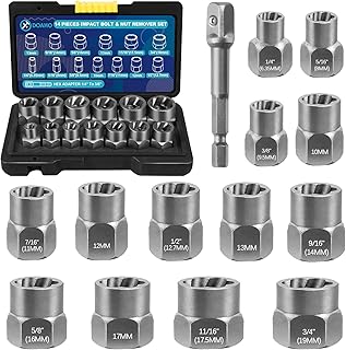13+1Pcs Impact Bolt Extractor Kit & Lug Nut Removal Tool, Cr-Mo Rounded Bolt Remover, Stripped Bolt Extractor Set with Solid Storage Case for Removing Damaged, Rusted, Nuts and Bolts