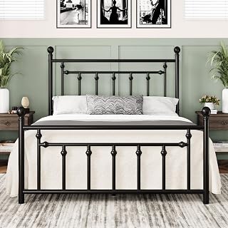 Allewie Queen 14" Metal Platform Bed Frame with Victorian Headboard & Footboard, No Box Spring, Noise-Free Storage Bed, Black