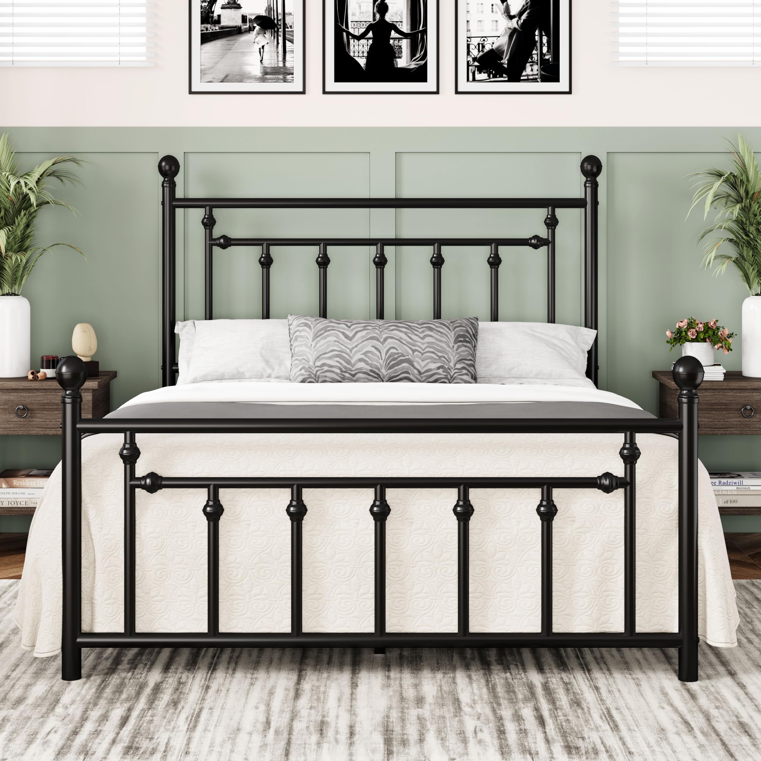 Allewie 14 Inch Queen Size Metal Platform Bed Frame with Victorian Vintage Headboard and Footboard/Mattress Foundation/Under Bed Storage/No Box Spring Needed/Easy Assembly/Noise Free/Black