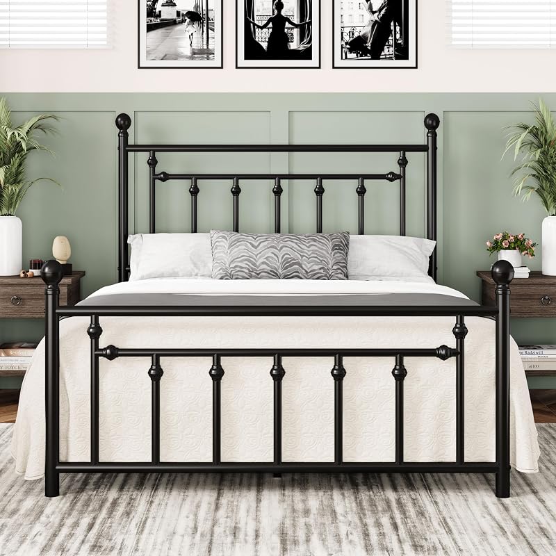 Bastidor de cama de plataforma metálica tamaño queen de Allewie 14'', cabecero vintage, negro | Cabecero victoriano de 50'' de altura/pie/base de colchón/almacenamiento debajo de la cama/no se necesita somier/montaje fácil/sin ruido