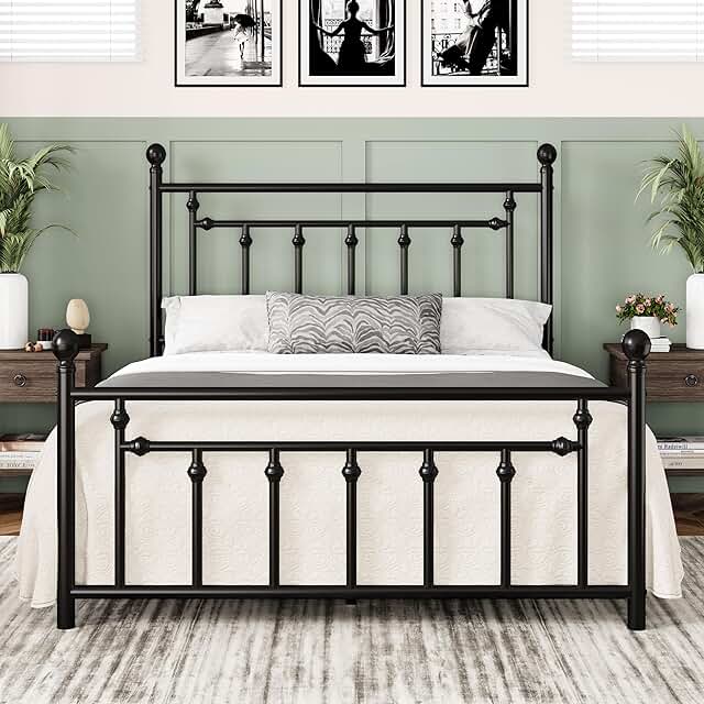 Allewie 14 Inch Queen Size Metal Platform Bed Frame with Victorian Vinta...