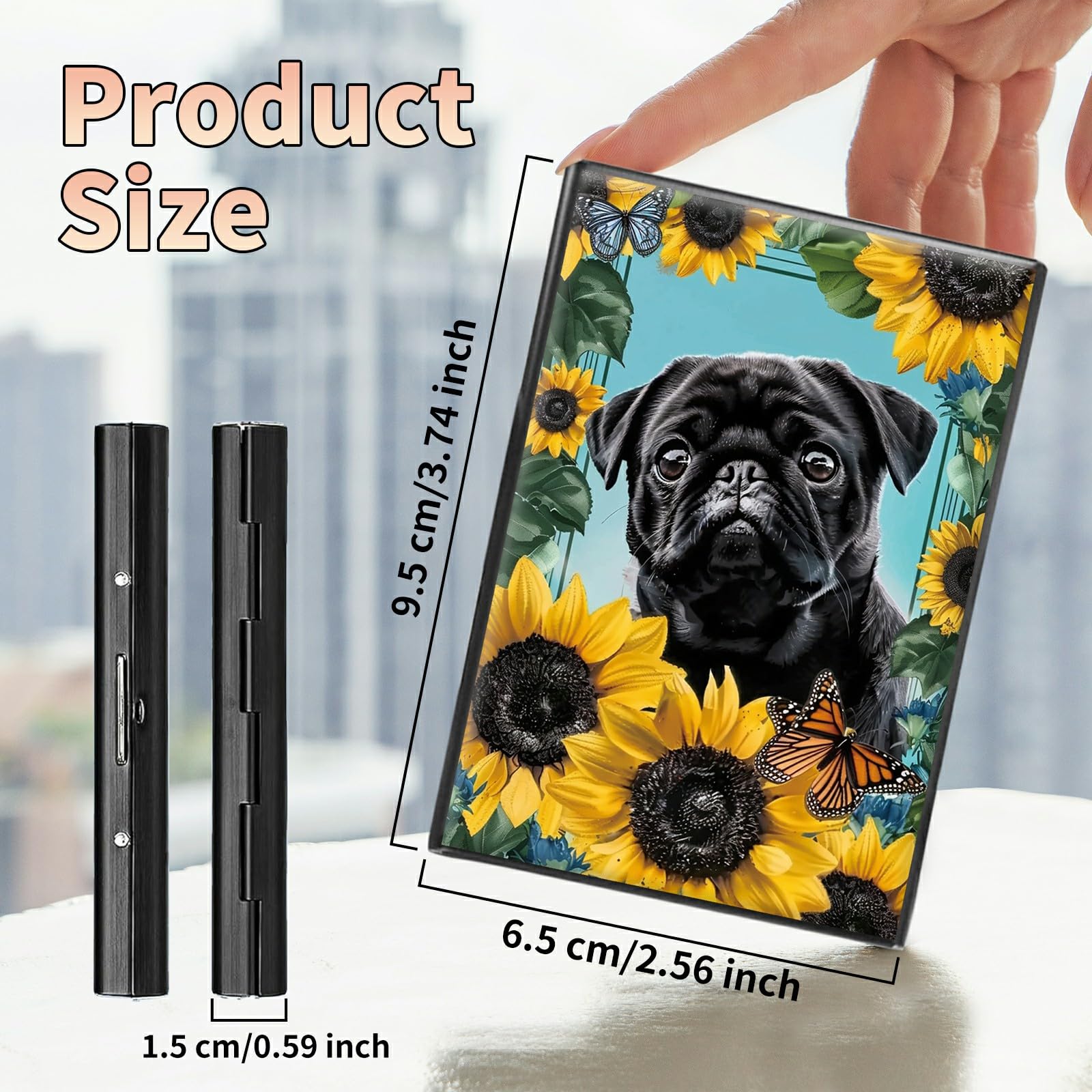 BWEGRHE Slim Credit Card Holder, Sunflower Pug RFID Blocking Metal Wallet for Men & Women, Aluminum Minimalist Hard Case Pocket-Sized Business Cards Organizer (Fits Up to 10 Cards)