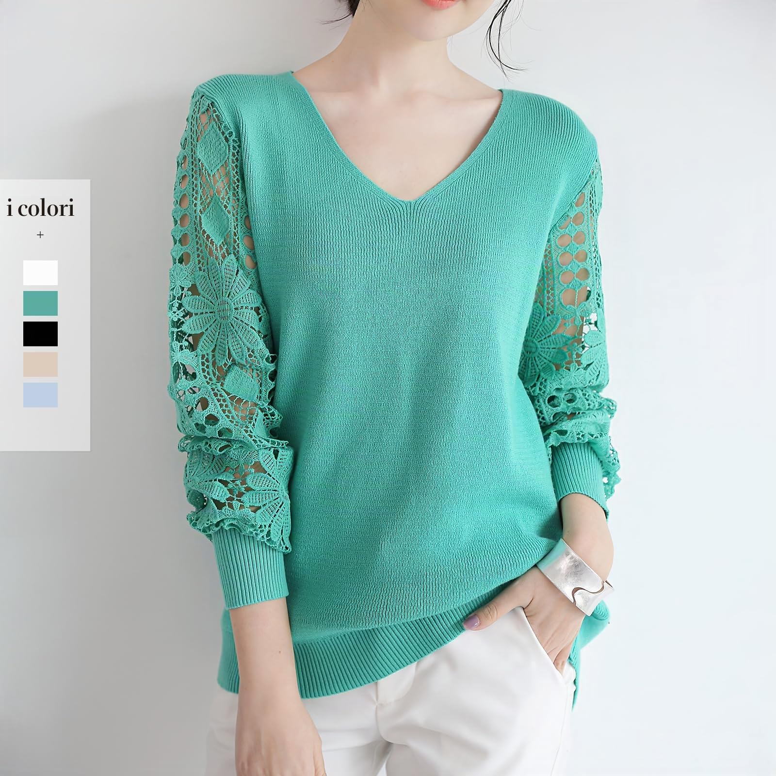 Qin Derdom Maglione in Pizzo da Donna - Elegante Pullover con Scollo a V e Occhielli all'Uncinetto, Manica Lunga, Maglia Leggera Traforata