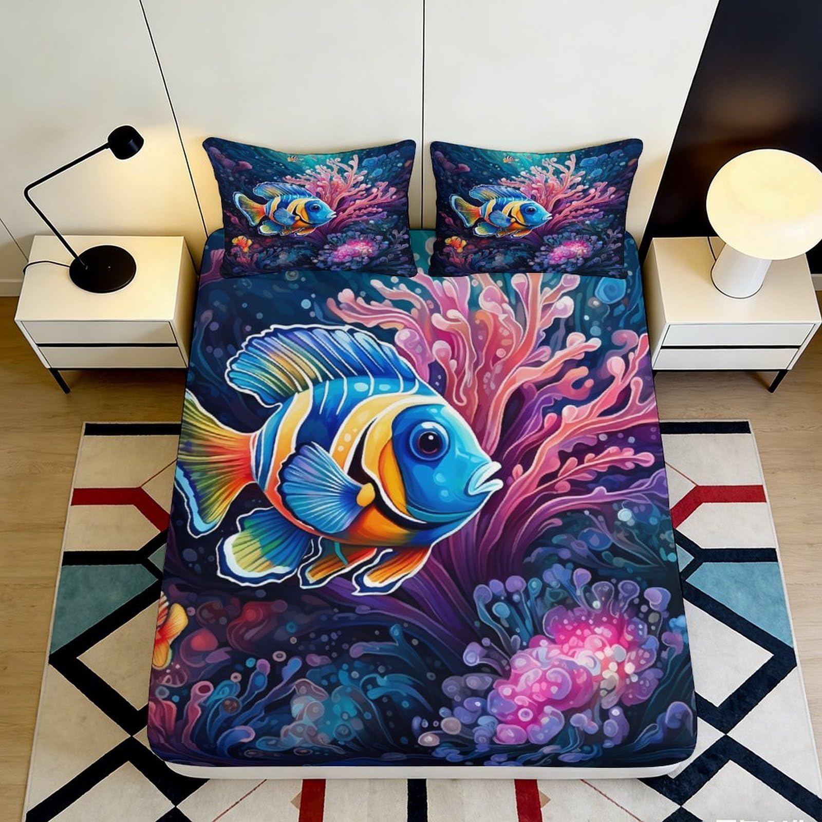 Pnayamiorkfel Style-1 3D Printed Colorful Fish Fitted Sheet Microfiber Soft Waterproof Coral Reef Mattress Cover For Bedroom Dorm Decor 90X200x25cm
