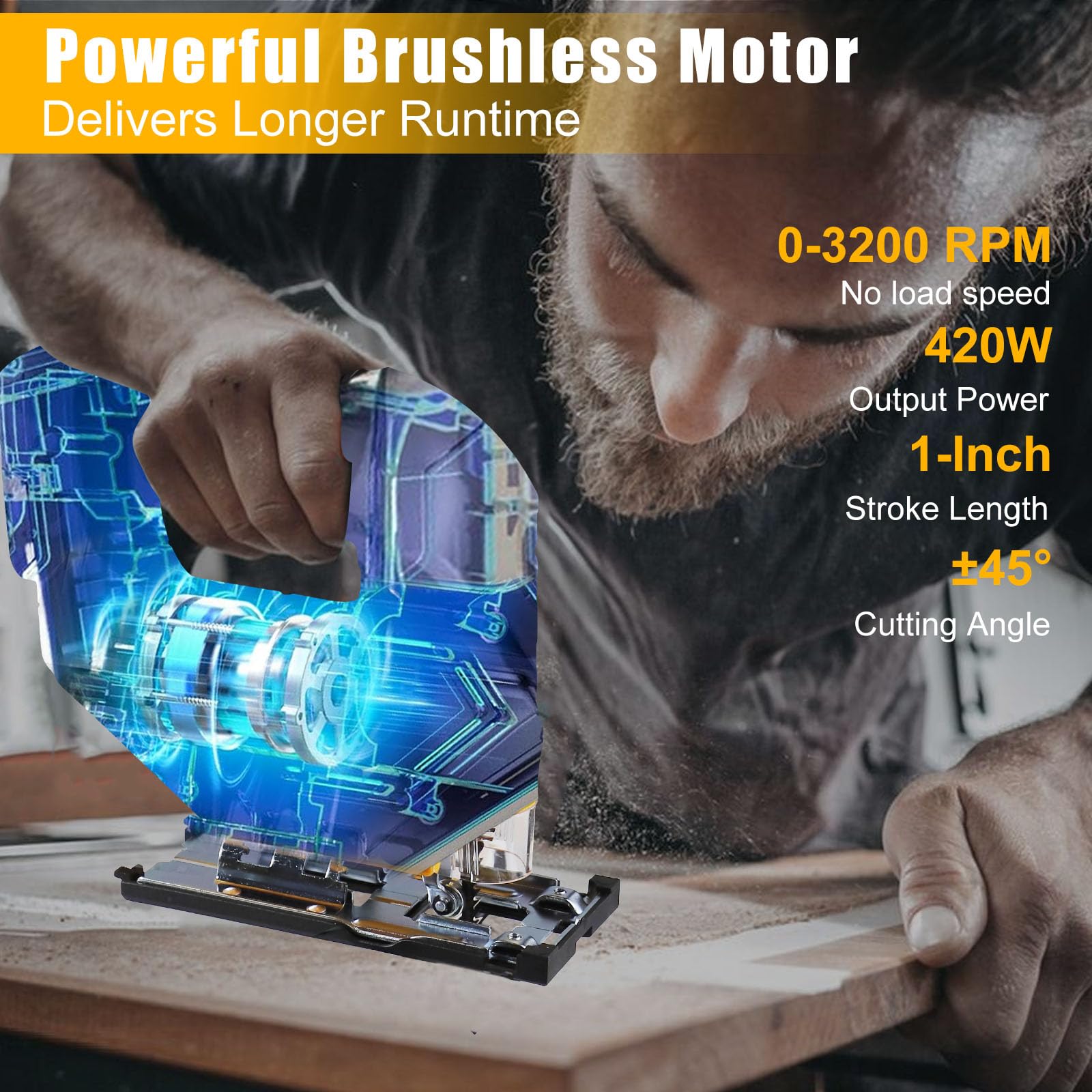 Seghetto alternativo senza fili per Dewalt 20 V Max batteria, seghetto alternativo senza spazzole per taglio dritto/curvo/smussato/circolare, 3200 giri/min, 3 impostazioni orbitali, tagli smussati da