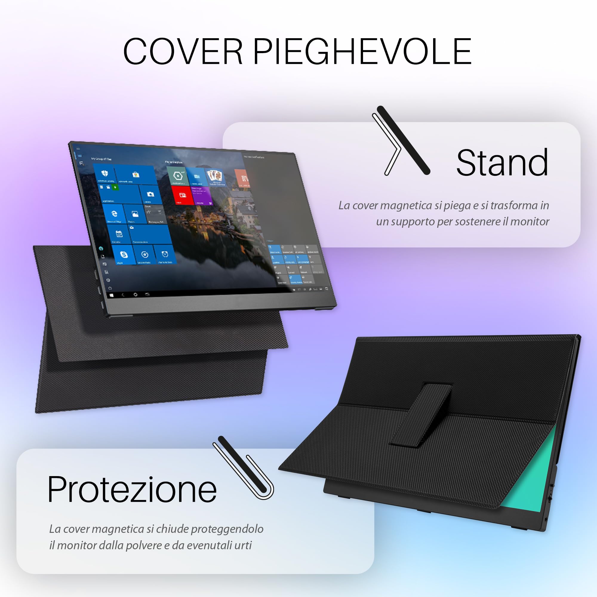 Atlantis Monitor Portatile 16 Pollici, 1080P Full HD 1920x1080, HDMI/Type_C, Speaker 2x1W, Smart Cover, display IPS, per Notebook/Lapto/Console/Switch/Angolo 170/170, Cavo HDMI 1,5m/Type_C, peso< 1Kg.