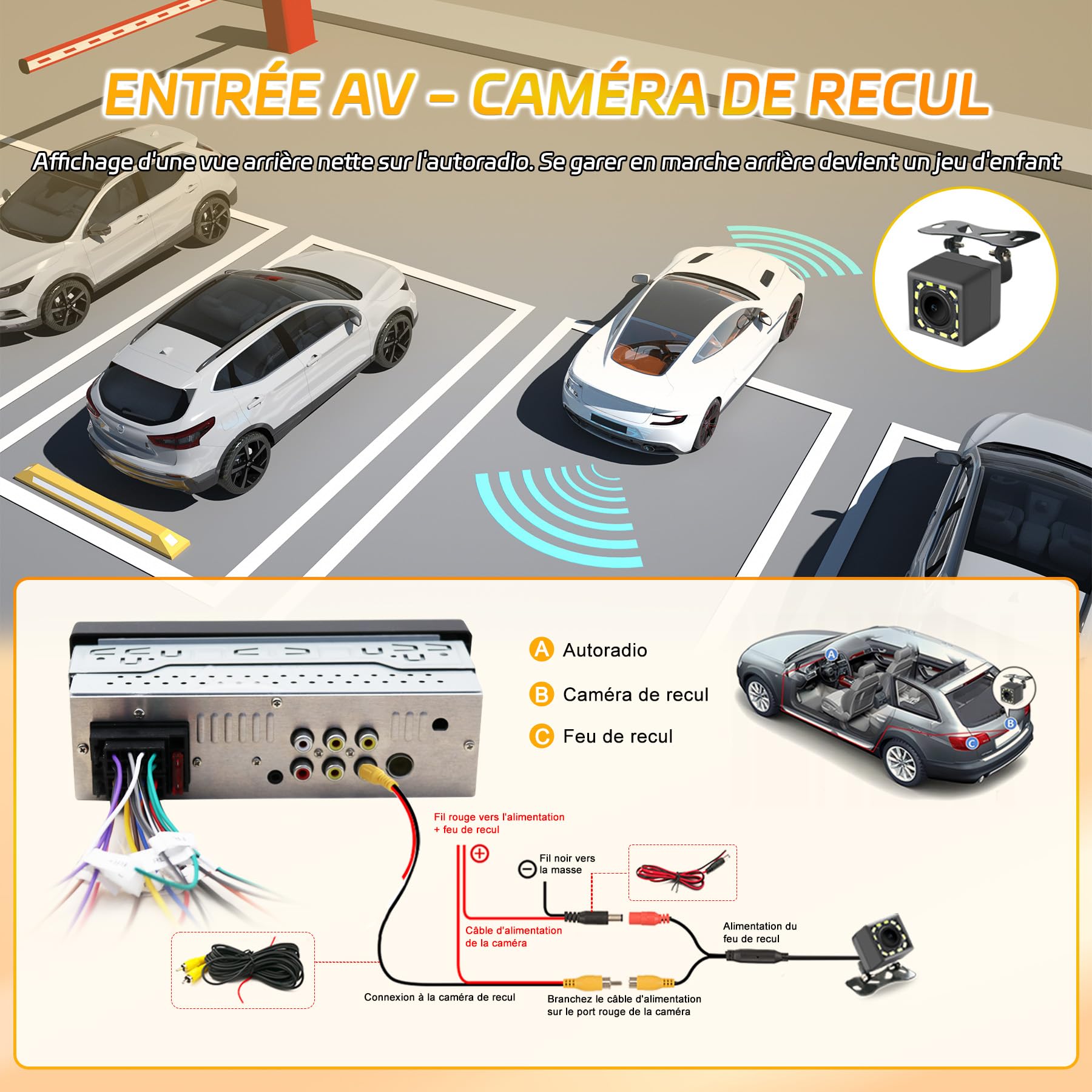 Autoradio Bluetooth 1 DIN avec CarPlay/Android Auto, Caméra de Recul