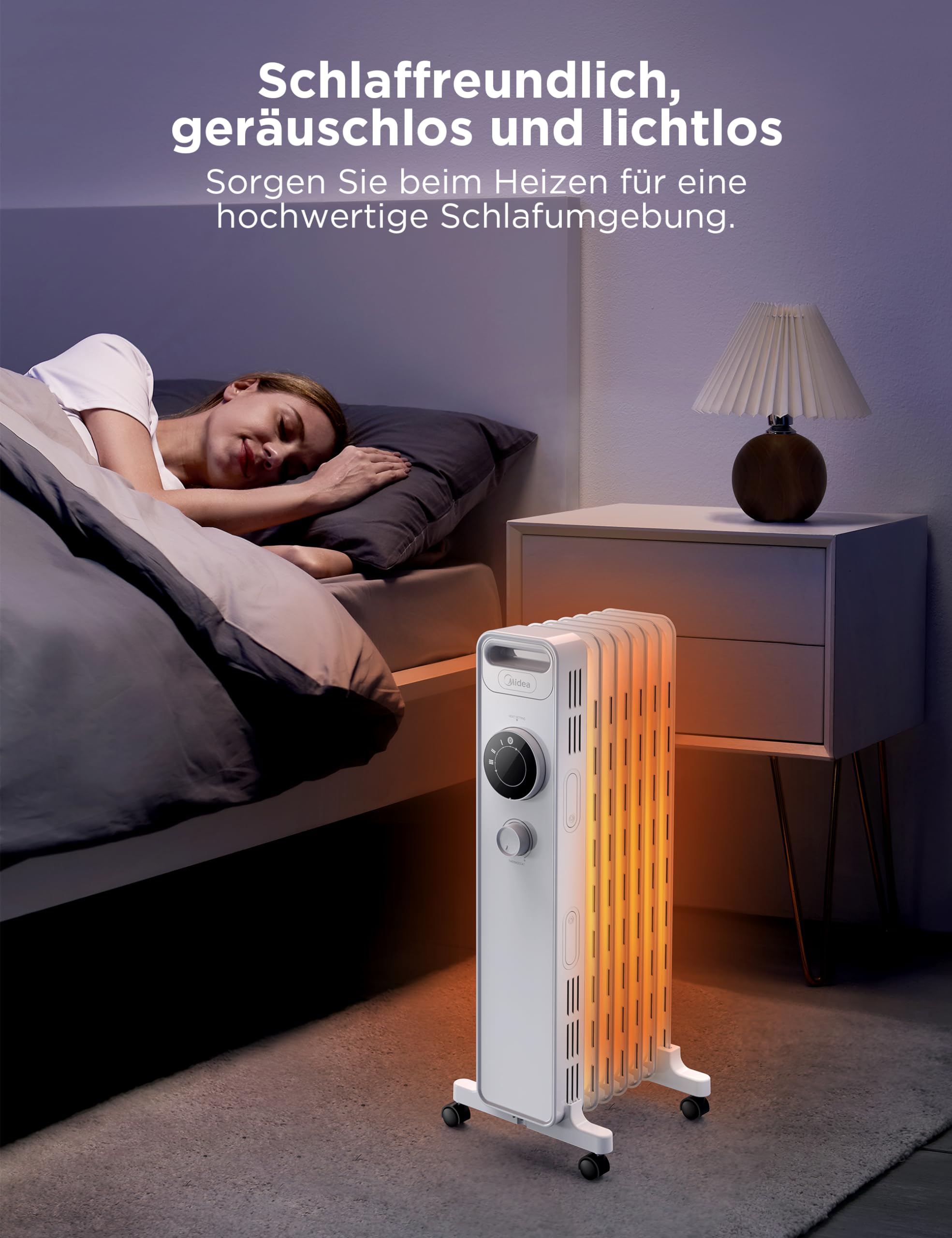 Midea NY1507-22M grzejnik olejowy, 1500 W, energooszczędny, cichy, z 7 żebrami, termostat, 3 stopnie ogrzewania, zabezpieczenie przed przewróceniem i przegrzaniem, tryb ECO, szybkie nagrzewanie i