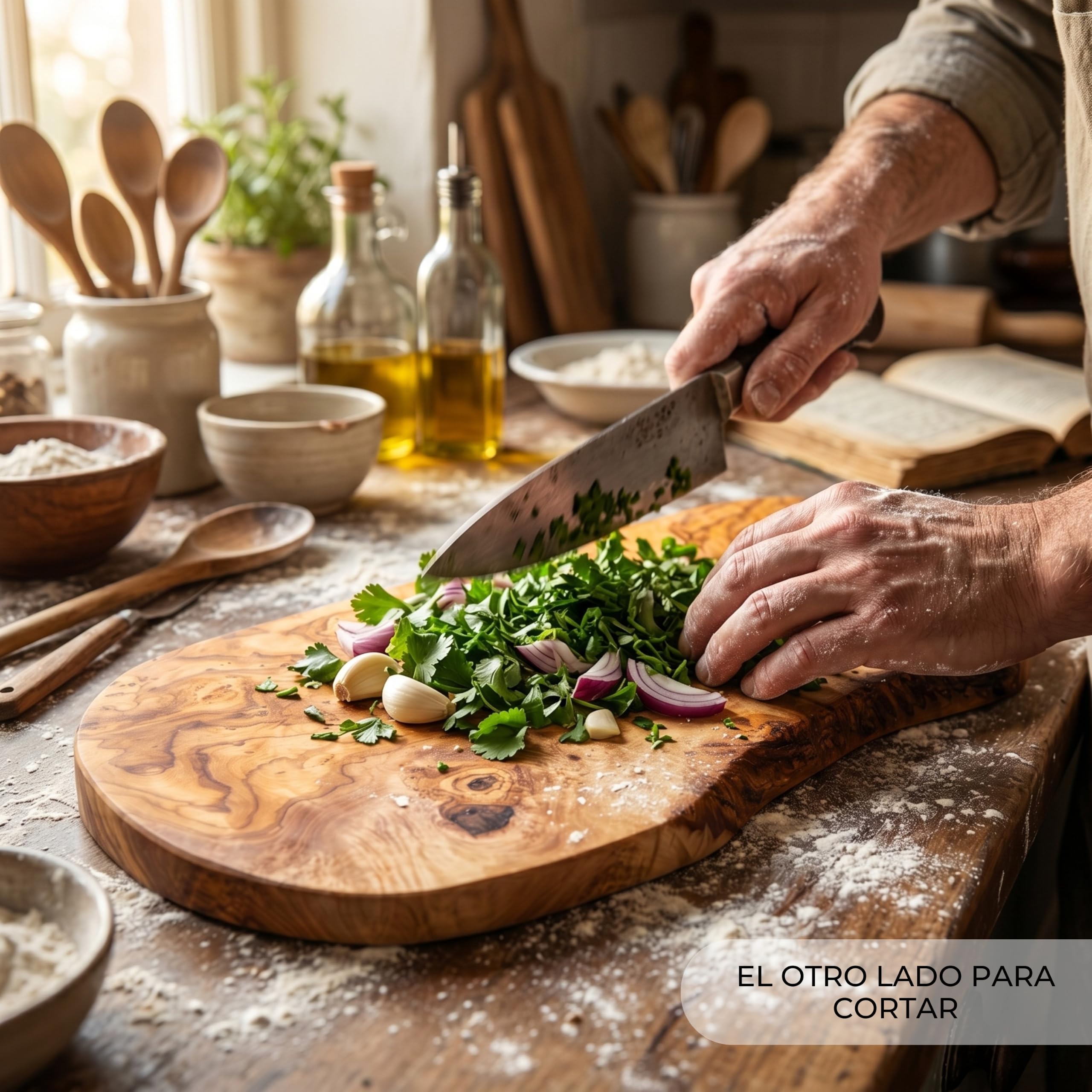 Erreke Tabla de Madera de Olivo Natural para Cortar y Servir, 43 x 21 cm | Tabla Madera Cocina. Reversible y Artesanal para Servir y Picar Quesos Embutidos Pan. Estilo Mediterráneo Rústico. Uso Diario