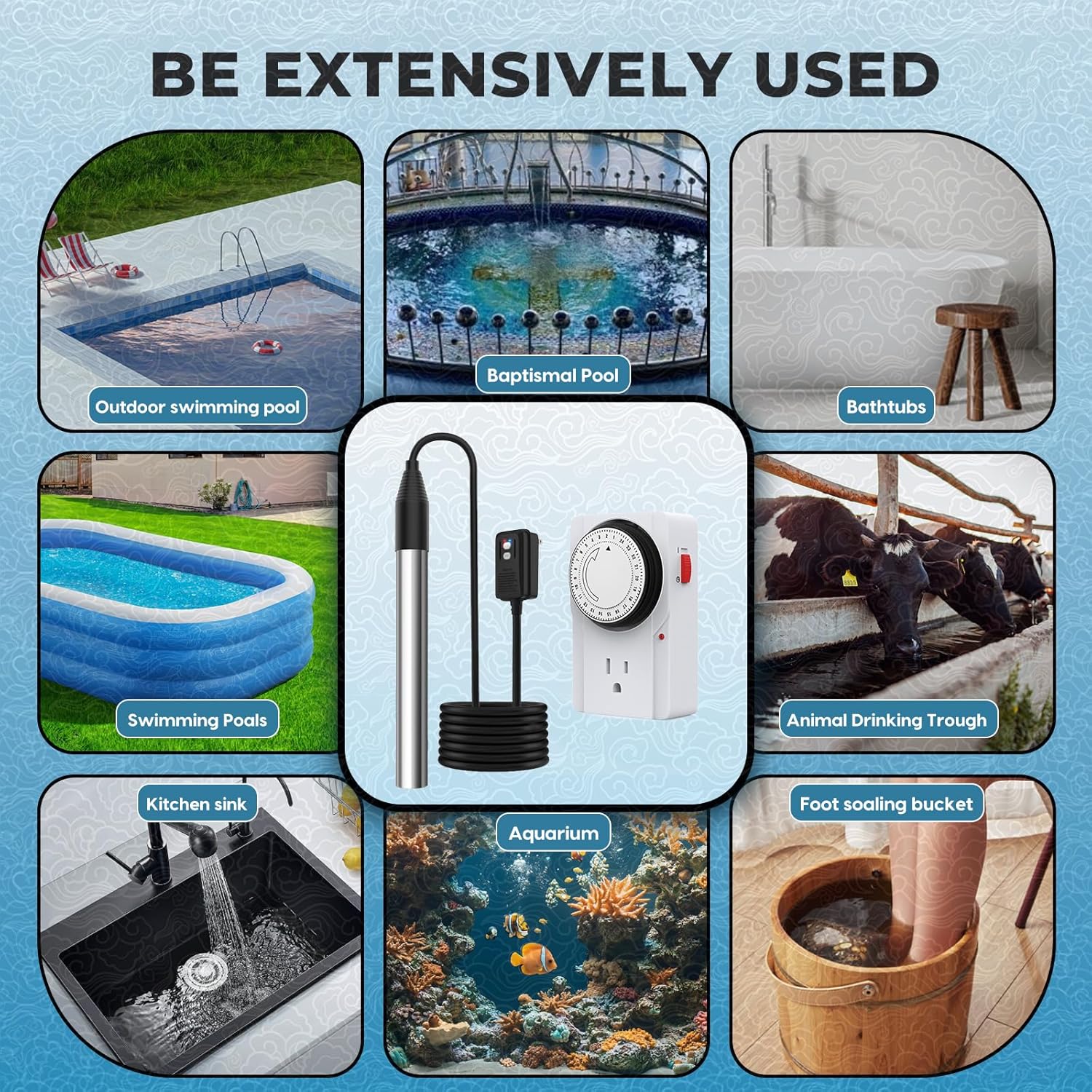 1800W Immersion Water Heater with 24H Precise Control Timer, Electric Fully Submersible Pool Water Heater, Ideal for Baptistery, Hot Tub, Bucket, Camping Stock Tank, Bathtub, Small Inflate Pool