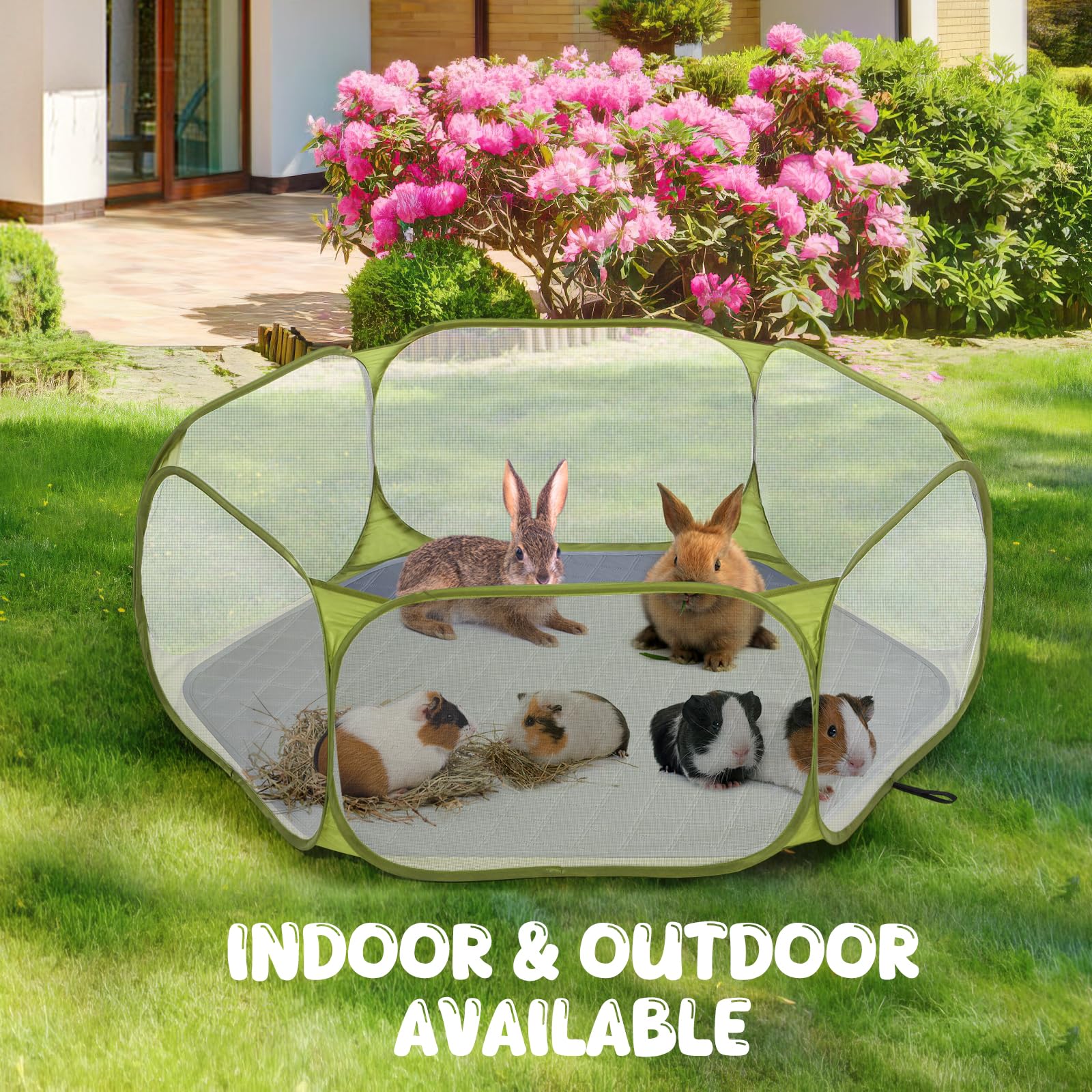 Pawaboo Kleintier-Laufstall mit Kissen, Wasserdichtes Kleintierkäfig-Zelt mit Wiederverwendbarem Kissen, Tragbarer Gartenzaun für Küken/Kätzchen/Welpen/Riesenschwein/Kaninchen/Chinchillas, Grün + Grau