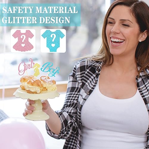 Miniatura 3 de Sotpot Decoración para cupcakes para niños o niñas, con purpurina, para revelación de género, overol para cupcakes para baby shower, suministros de