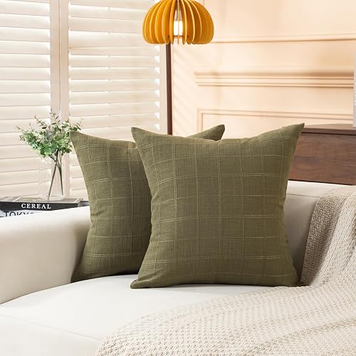 ALbexia Linen Plaid Checkered Throw Pillow Covers 20x20 Set of 2,Capulet Olive N