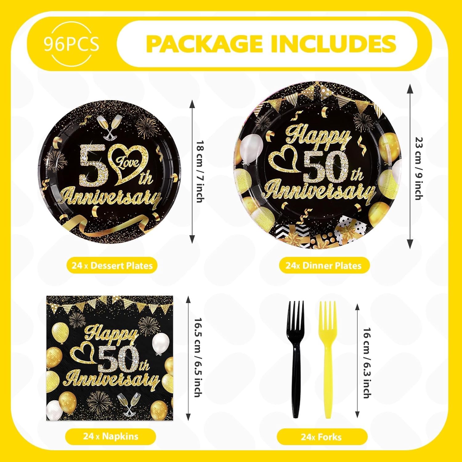 96Pcs 50th Anniversary Decorations Black Gold 50th Wedding Anniversary Plates and Napkins Tableware for 50 Year Anniversaries Decorations Serve 24