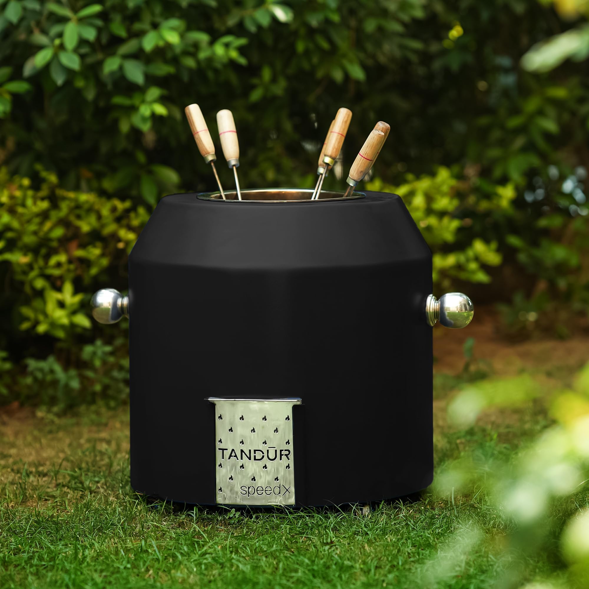HAUS OF BARS by Speedx- Charcoal Tandur with 4 Skewers | Home Cooking Tandoor Crafted with a Blend of Clay & Metal, (20x20x20) Inches, Cylindrical (Matt Black)