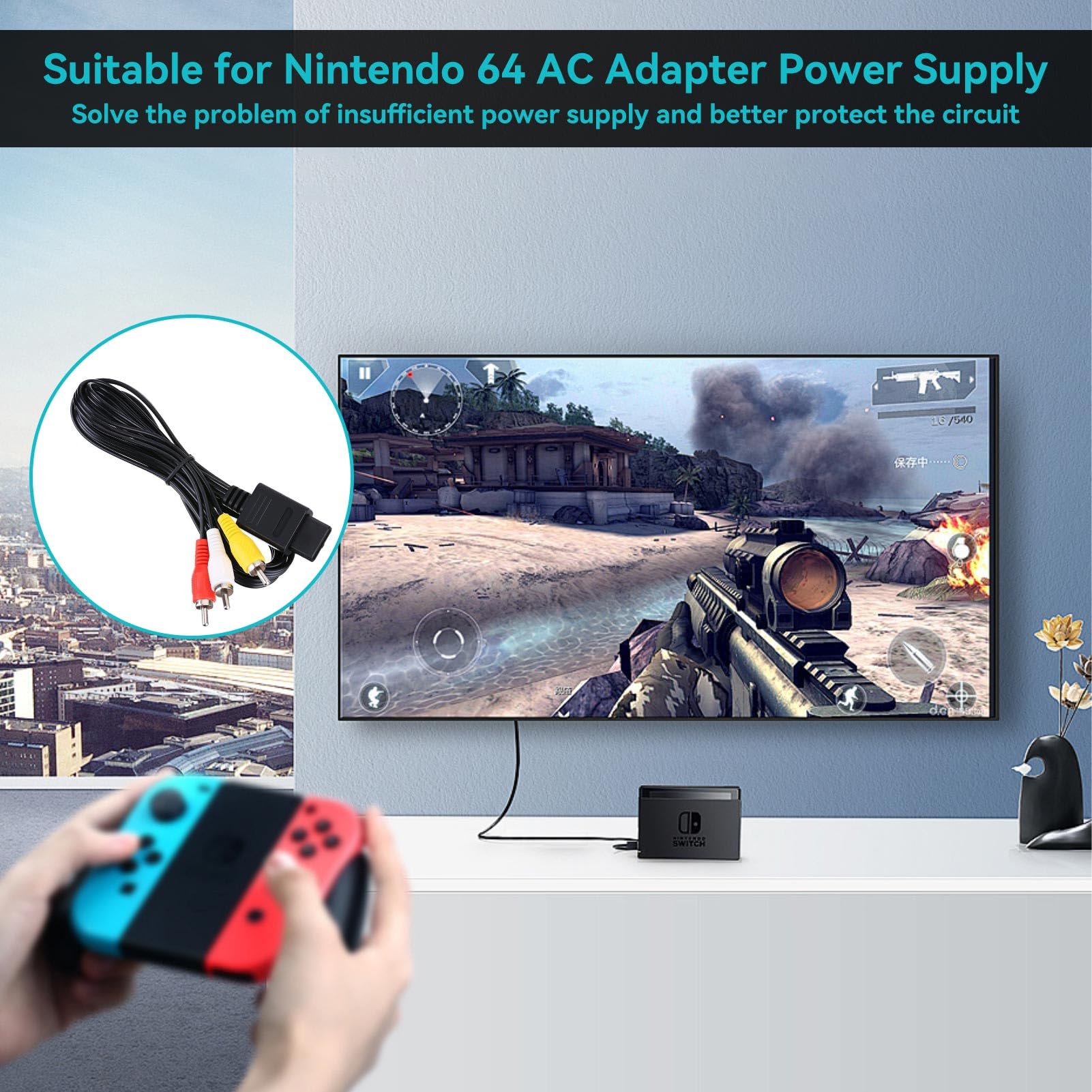 Transformador de Energía N64, Adaptador de CA Fuente de Alimentación Adaptador Convertidor de Video y Audio para Cable de Video AV 100‑240V(EU)