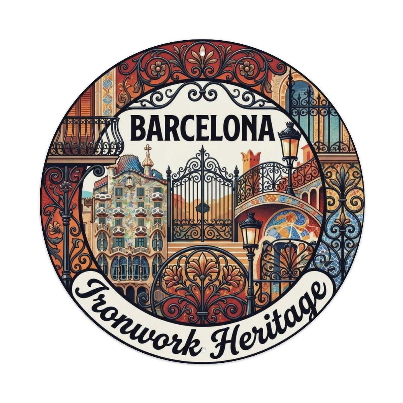 Classic Barcelona Cityscape Ironwork Catalan Heritage Travel Metal Tin Sign Plaque Wall Decor for Cafe, Man Cave, Club Bar, Office, Home Garden Round Metal Poster 8x8Inch