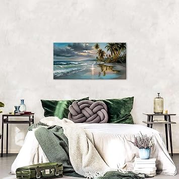 Large Tropical Beach Canvas Wall Art 20x40in Sunset Coastal Wall Decor Ocean Waves Palm Trees Seascape Wall Pictures Nautical Landscape Painting Artwork for Living Room Bedroom Hallway Home Decoration