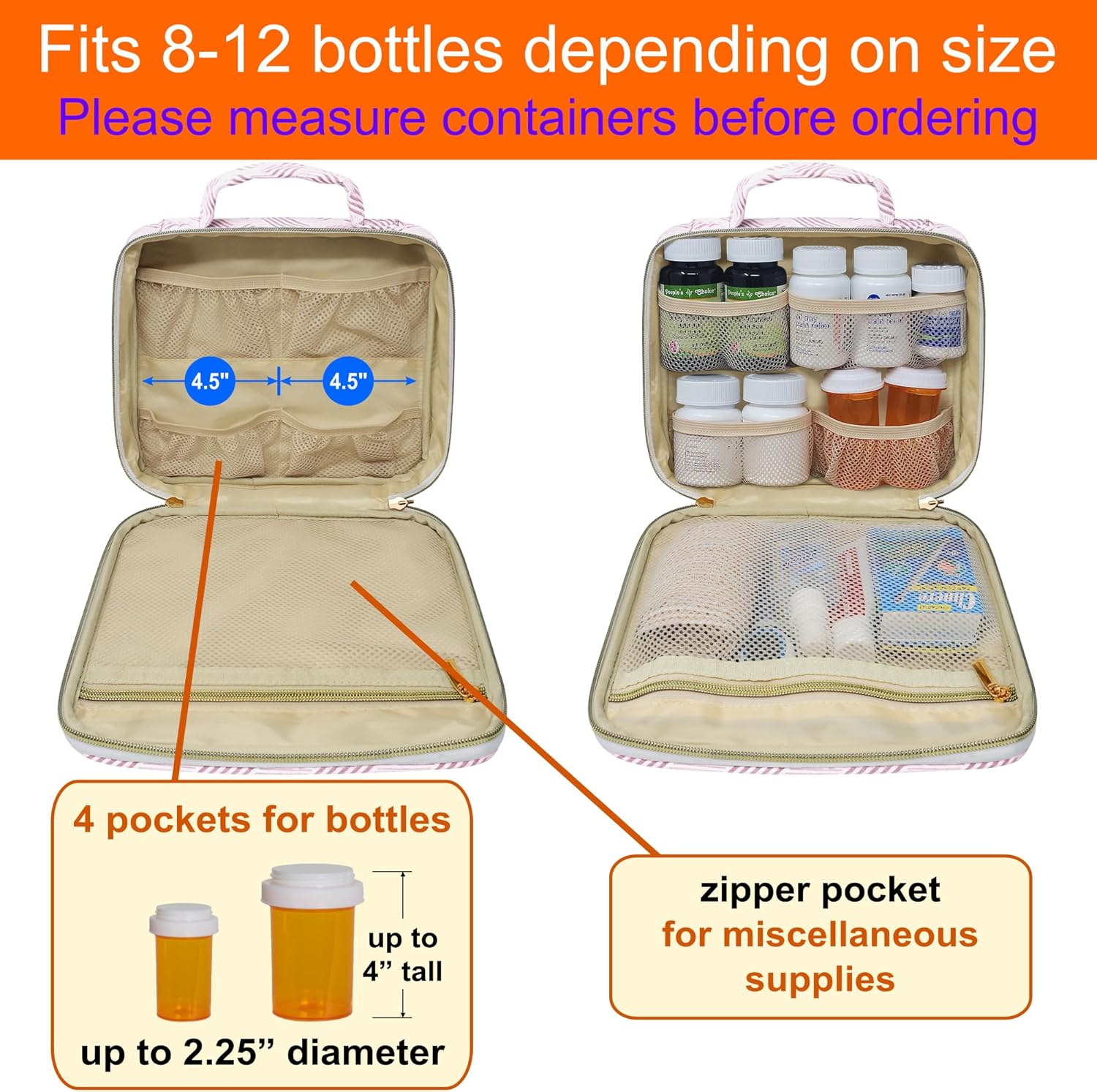 Medium Pill Bottle Organizer, Slim Medicine Bag, Case, Carrier for Medications, Vitamins, and Medical Supplies - Travel Medicine Organizer & Home Storage Med Bag - Jacquard Pink - Image 4