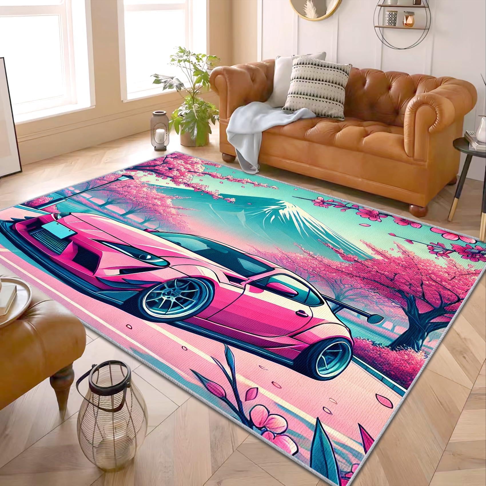 AUWUUA JDM Car Rugs for Teen Girls Boys Bedroom 210x300cm(7×10ft) Pink Racing Car Japanese Cherry Blossoms Living Room Rug, Mount Fuji Decorative Carpet for Entryway, Bedside, Home Decor & Gifts
