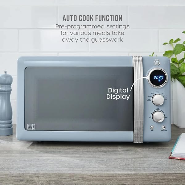 Swan Retro LED Digital Microwave Blue, 20L, 800W, 6 Power Levels Including Defrost Setting, SM22030LBLN - 4