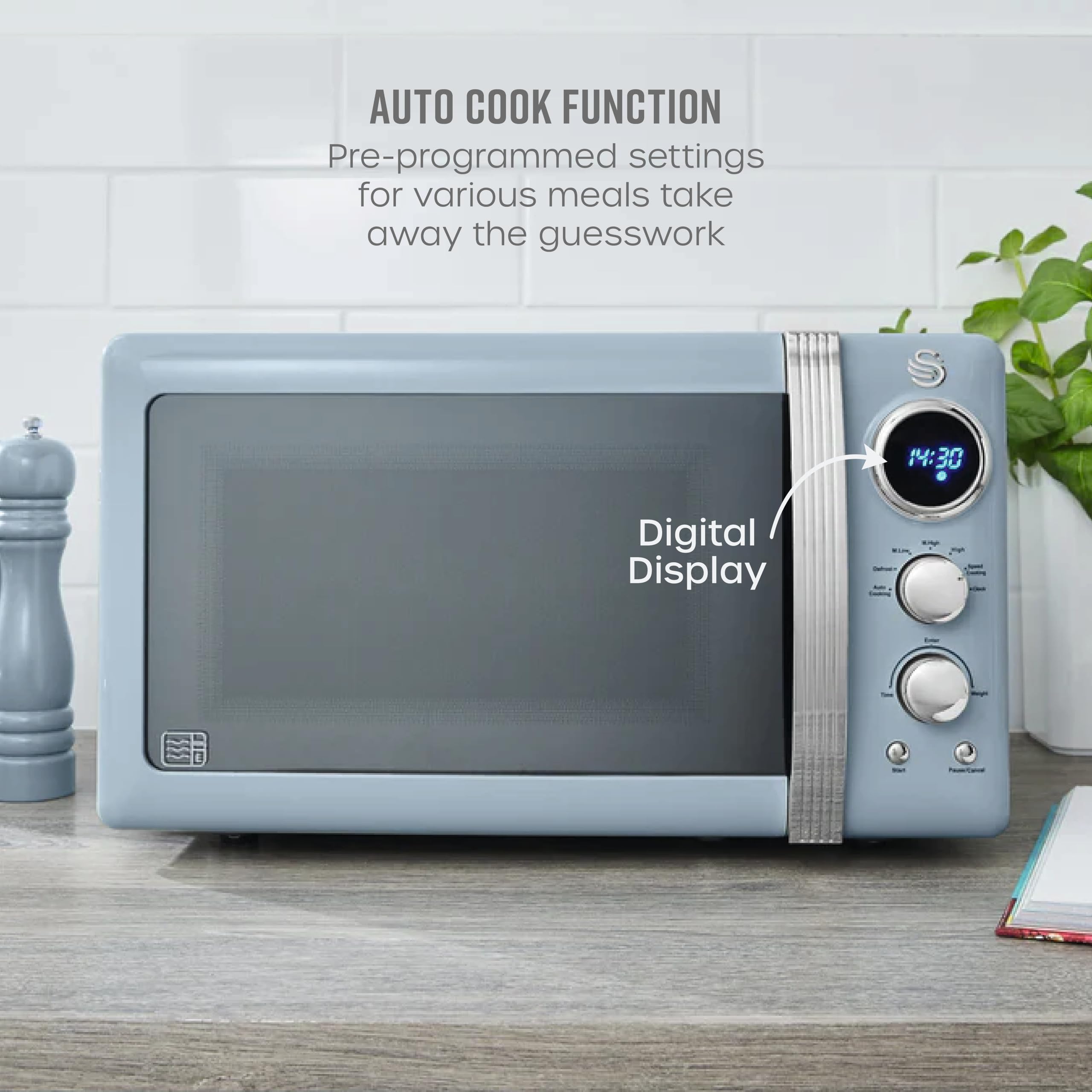 Swan Retro LED Digital Microwave Blue, 20L, 800W, 6 Power Levels Including Defrost Setting, SM22030LBLN - 5