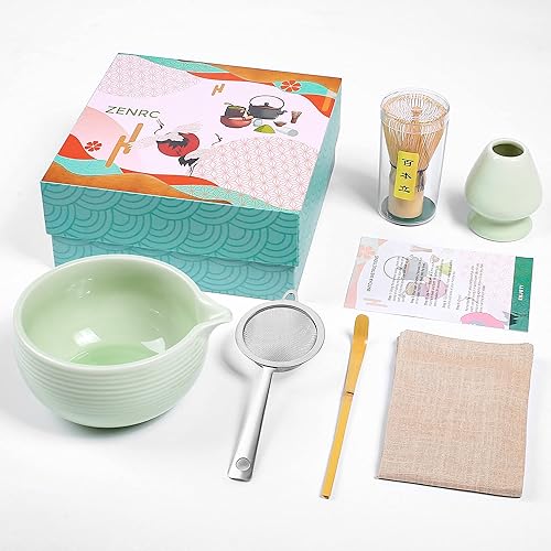Kit Ceremony Matcha Batidor de bambú (Chasen) Scoop (Chashaku) Chawan Bowl con boquilla para verter colador de soporte para batidor, el juego