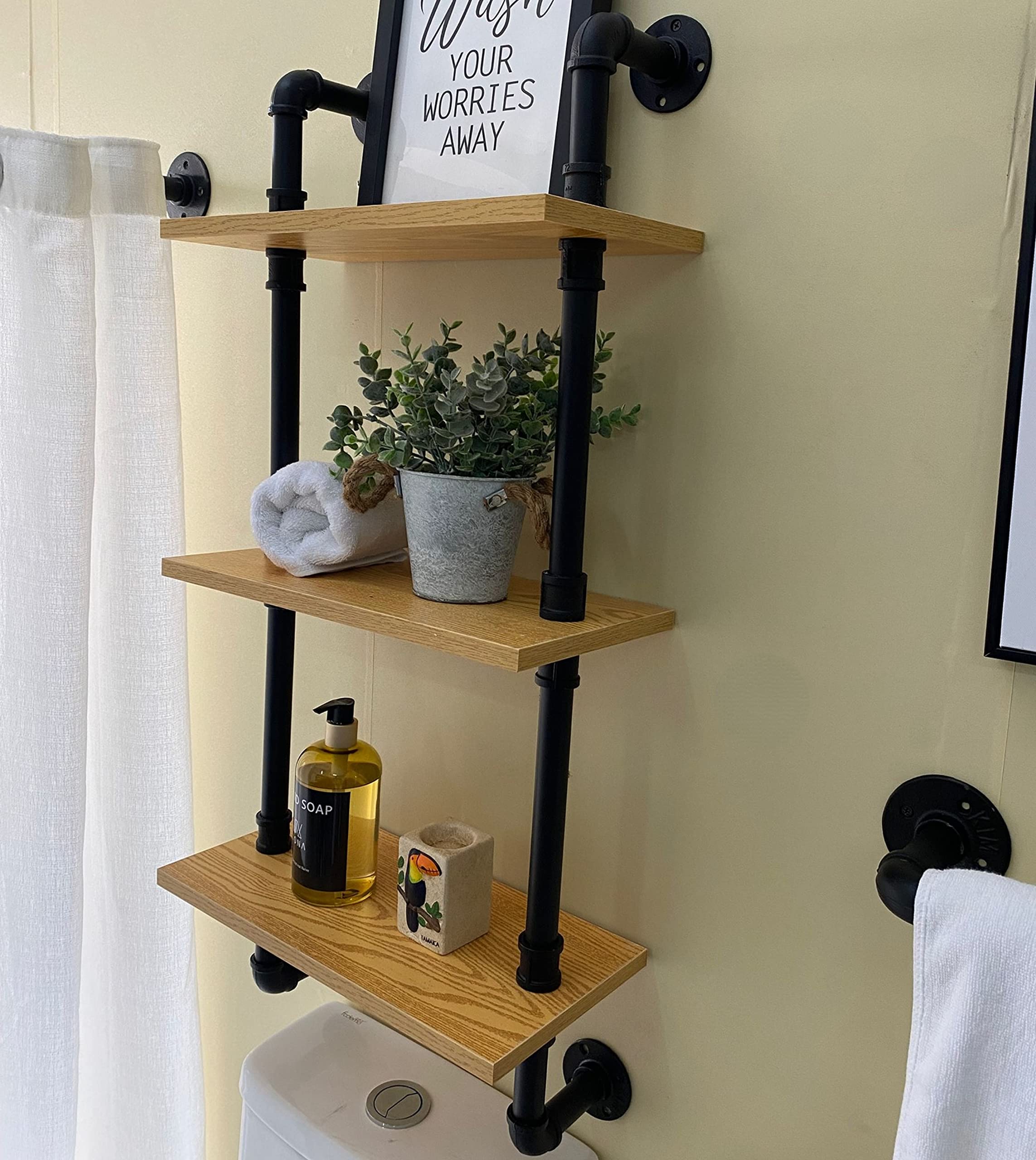 3 Tier Rustic Floating Wall Shelves with Industrial Pipes - Wood Bathroom Shelving for Home Decor and Organization (15inch)