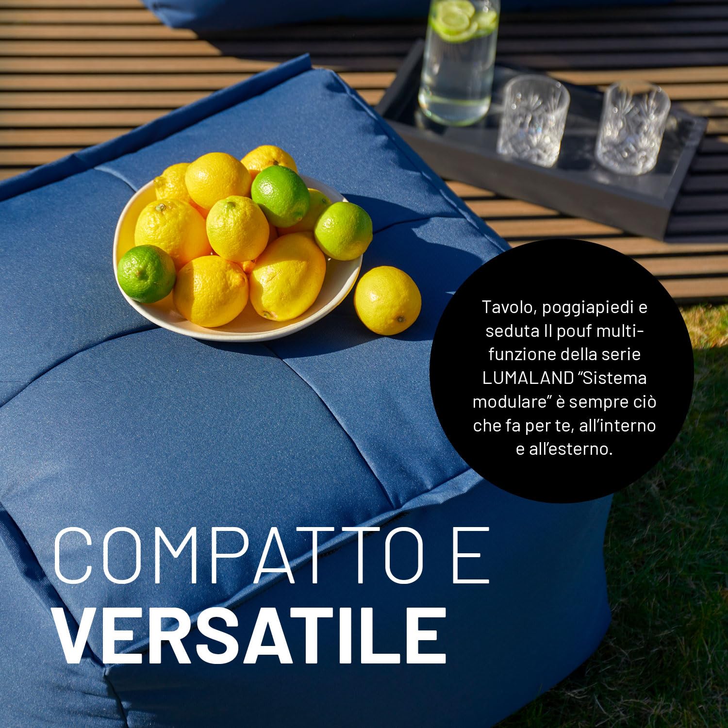 Lumaland Pouf modulare, pouf impermeabile, sgabello espandibile e leggero, per interni ed esterni, seduta lavabile per giardino e interni, 54 x 54 x 54 x 54 cm [blu scuro]