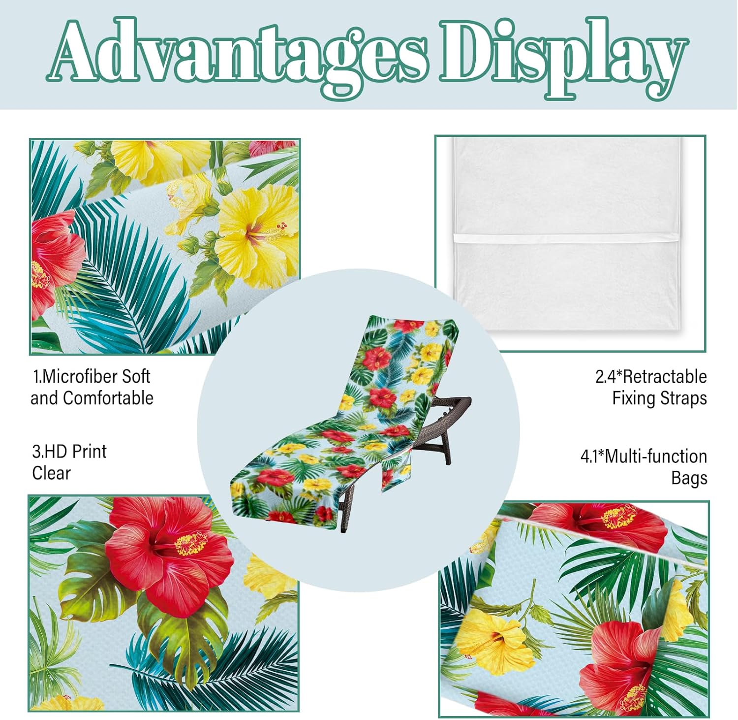 Lounge Chair Towel Cover (Pack of 2), Non-slip Beach Chair Towel Cover with Pockets, Microfiber Pool Chaise Lounge Chair Towels Covers for Outdoor Sunbathing Trips, 85 X 30 In, Flower and Leave