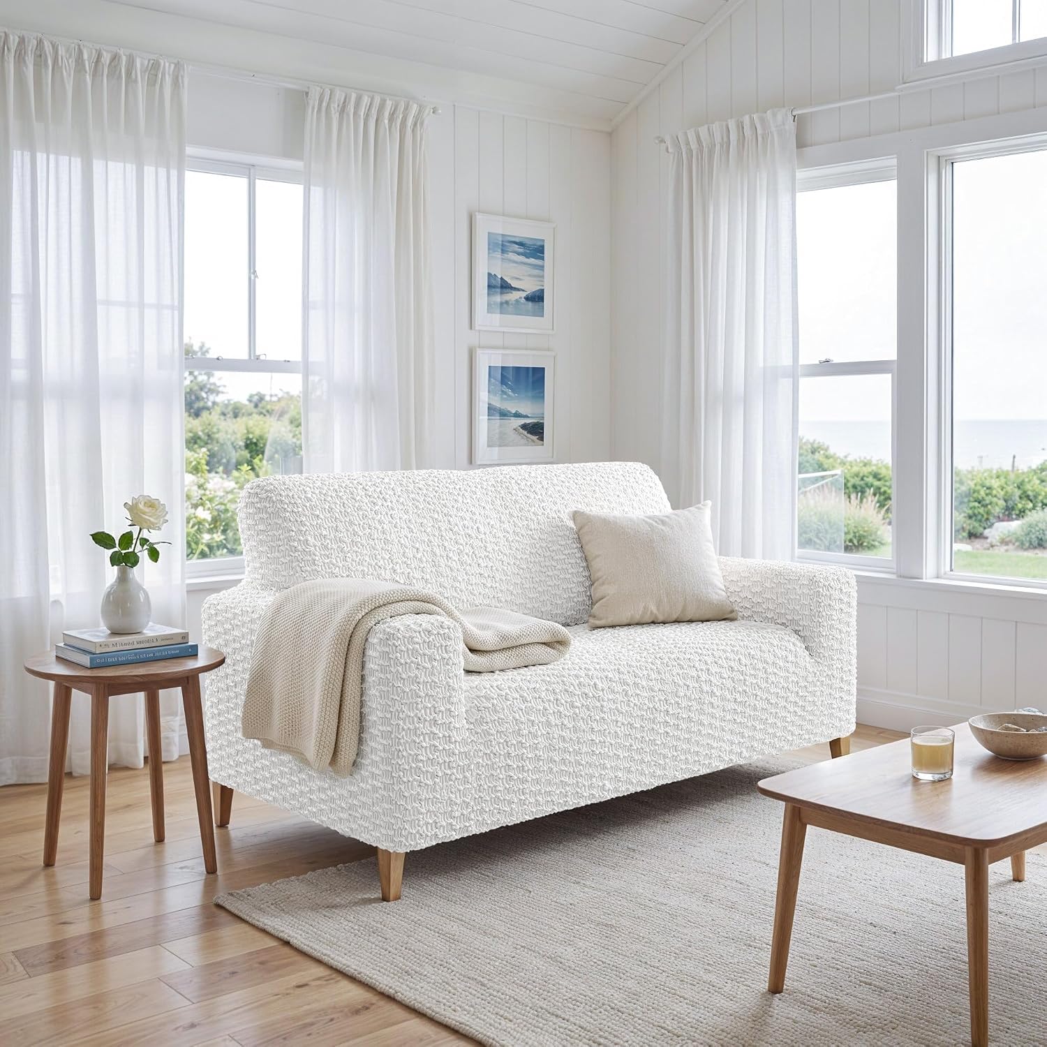 PAULTO BY GA.I.CO. Stretch Sofa Slipcovers – Soft Elastic Fabric Couch Cover for Armchair Loveseat 3-Seater & 4-Seater Sofa Cover – Non-Slip Furniture Protector Washable - Crisp White (40"-63" Wide)