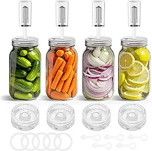 Fermentation Kit for Wide Mouth Mason fermentation Jar,pickling/sauerkraut kit with 4 Glass Fermentation Weights,4 Fermenting Lids,4 airlocks,5 Silicone Rings,5 Silicone Grommet （ Jars Not Included ）