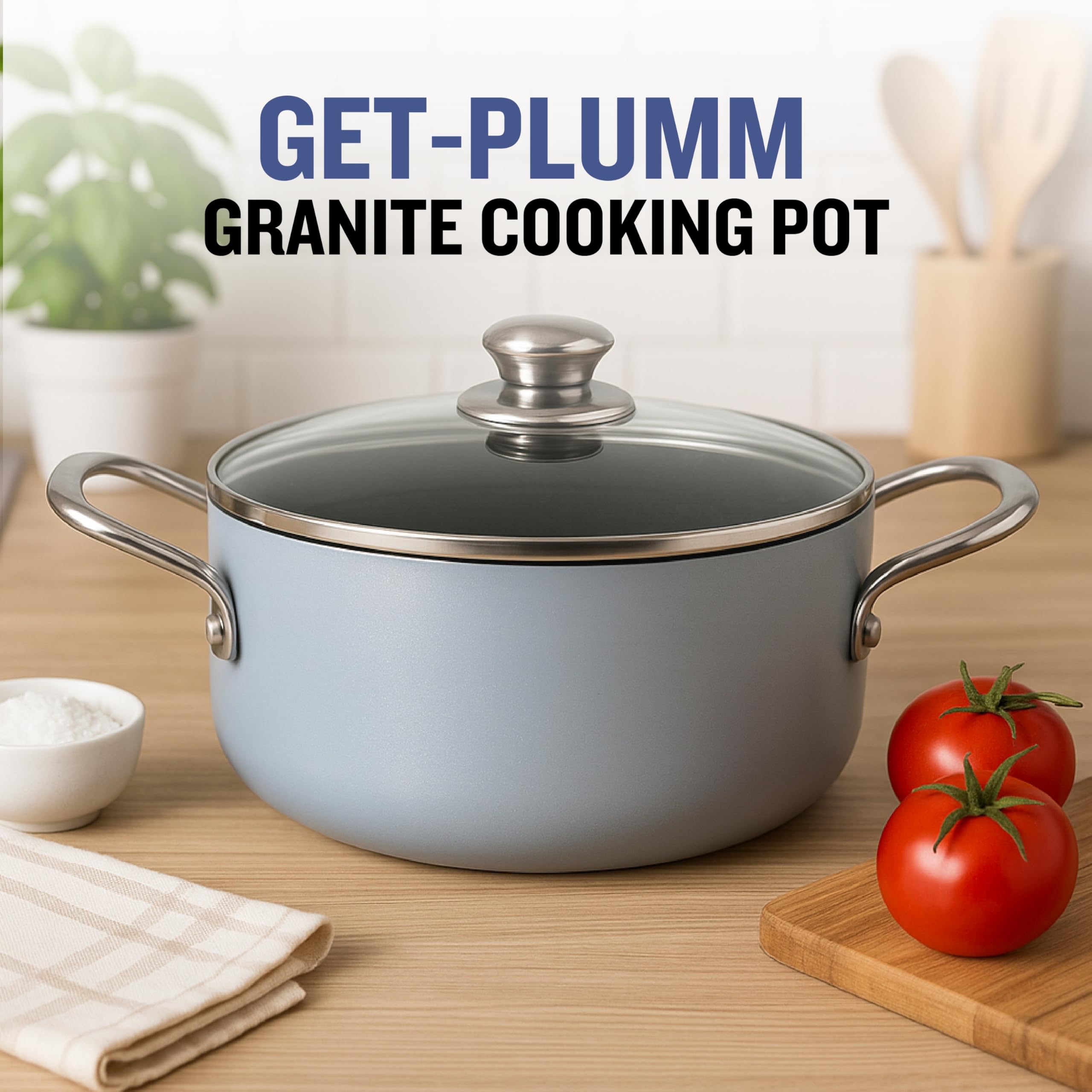 Get Plumm Cooking Pot with Lid 28cm 6.5 Litre | Non Stick Cookware Set Ceramic Biryani Pot/Sauce Pot | Induction Base & Gas Stove |Cooking Set For Kitchen |Handi With Glass Lid Steel Handle Steam Vent 1
