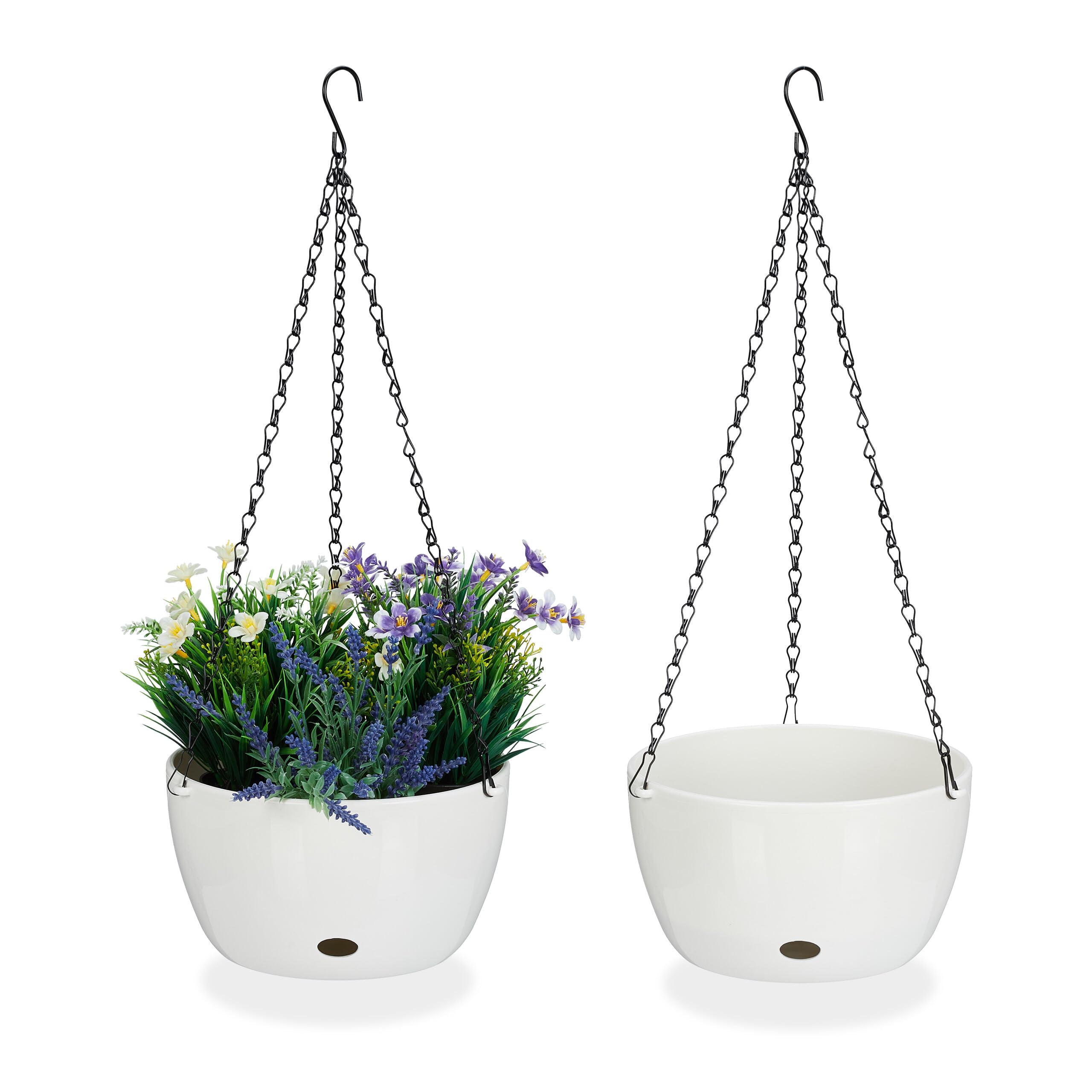 Relaxdays Set of 2 Hanging Baskets with Water Reservoir, HxØ: 60 x 24 cm, Out- & Indoor, Suspended Pot, Plastic, White