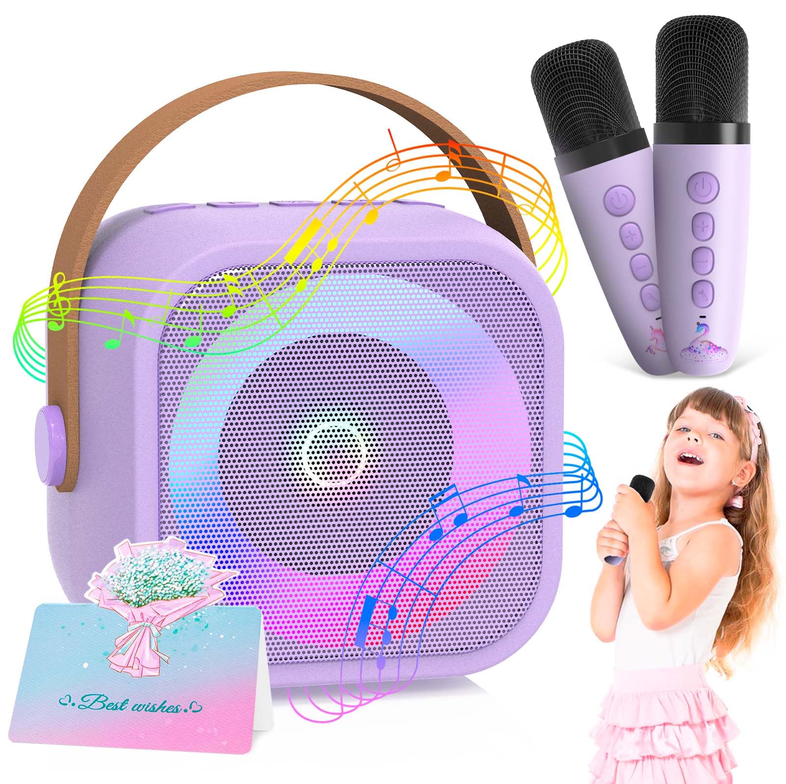 Maszyna Do Karaoke Dla Dzieci Z 2 Mikrofonami,Bezprzewodowy Bluetooth, Z Efektami Zmiany Gosu I Diodami Led Prezent Dla Dziewczynek, Dla Dziewczynek W Wieku 3-12 Lat Prezent Urodzinowy