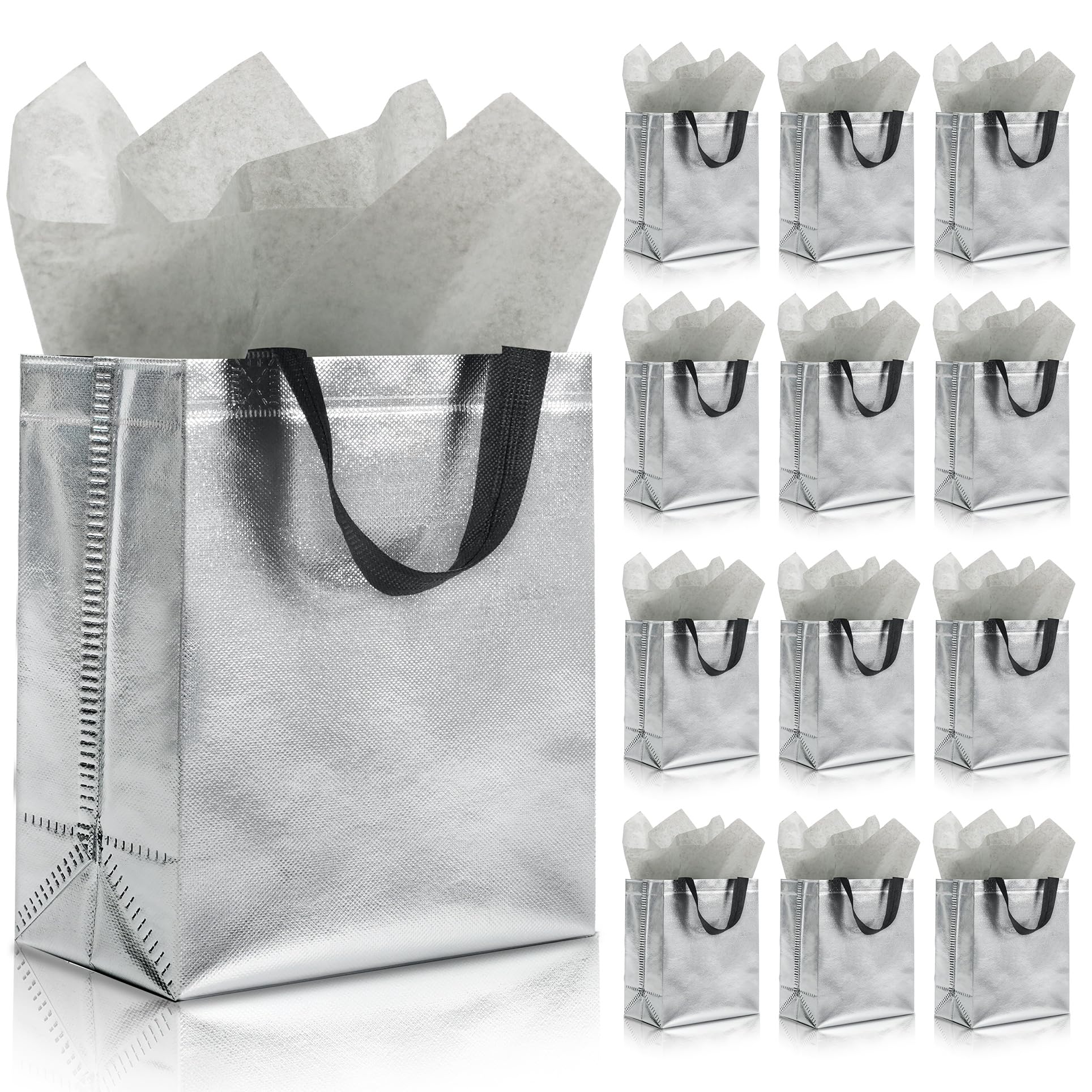 KeerxunBag 12pcs Reusable Gift Bags（Includes Tissue Paper） Gift bag with handle Birthdays Parties Holidays Weddings Medium 10x4x8in silver Gift Bags