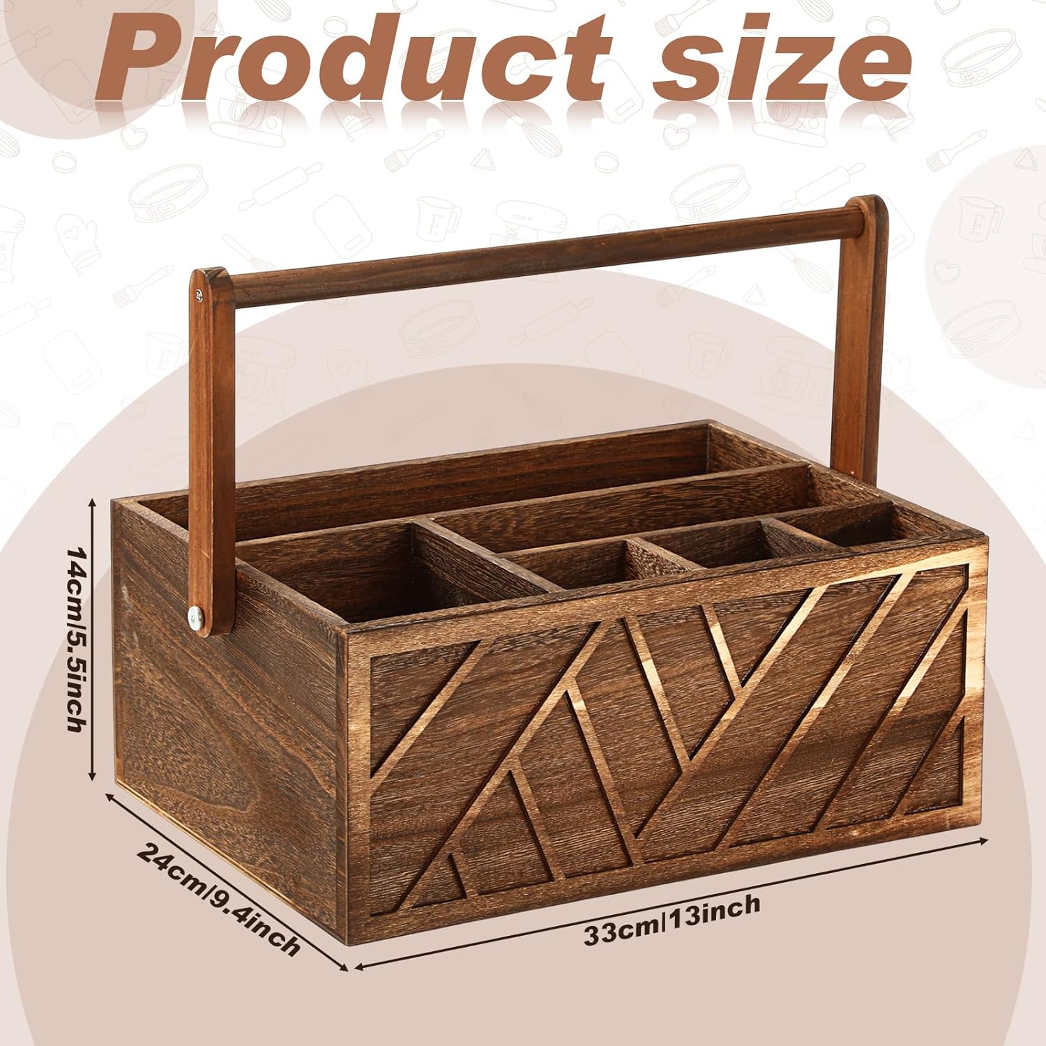 LemonRoad 13 Inch Rustic Silverware Caddy with Handle Wooden Flatware Utensil Holder Paper Plate and Silverware Caddy Organizer Cutlery Holder for Kitchen Countertop Picnic Cups Forks Napkins(Brown)