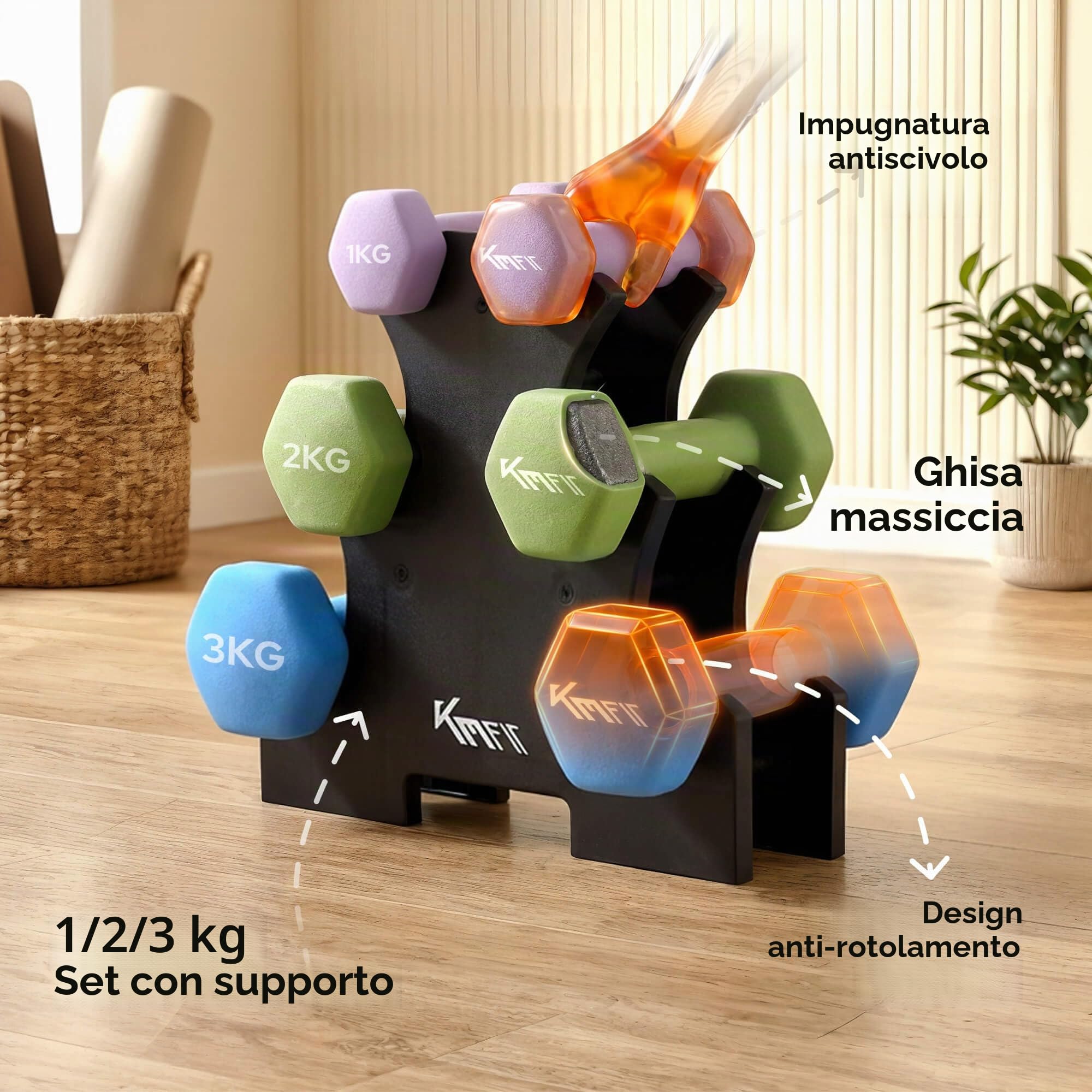 KM-Fit Set manubri 12 kg con supporto | Manubri in neoprene 1–3 kg | Impugnatura ergonomica in ghisa antiscivolo | Antirotolamento | Fitness & allenamento forza a casa