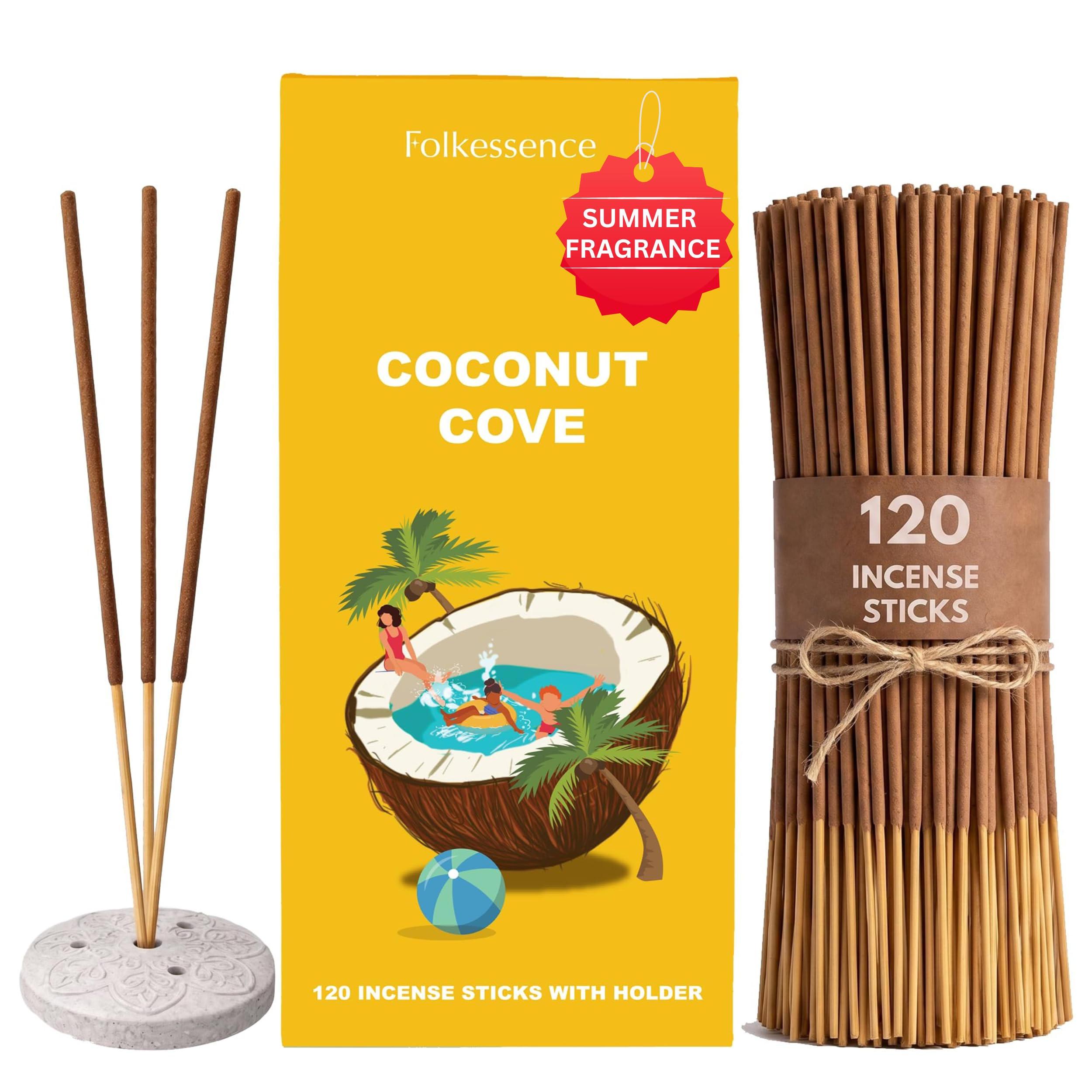 Folkulture Incense Sticks with Holder (120 Sticks) | Coconut Cove 2.0 Incense for Home & Aromatherapy | Long Burning, Charcoal-Free, Non-Toxic Incense for Summer Vibes | Home Decor gifts