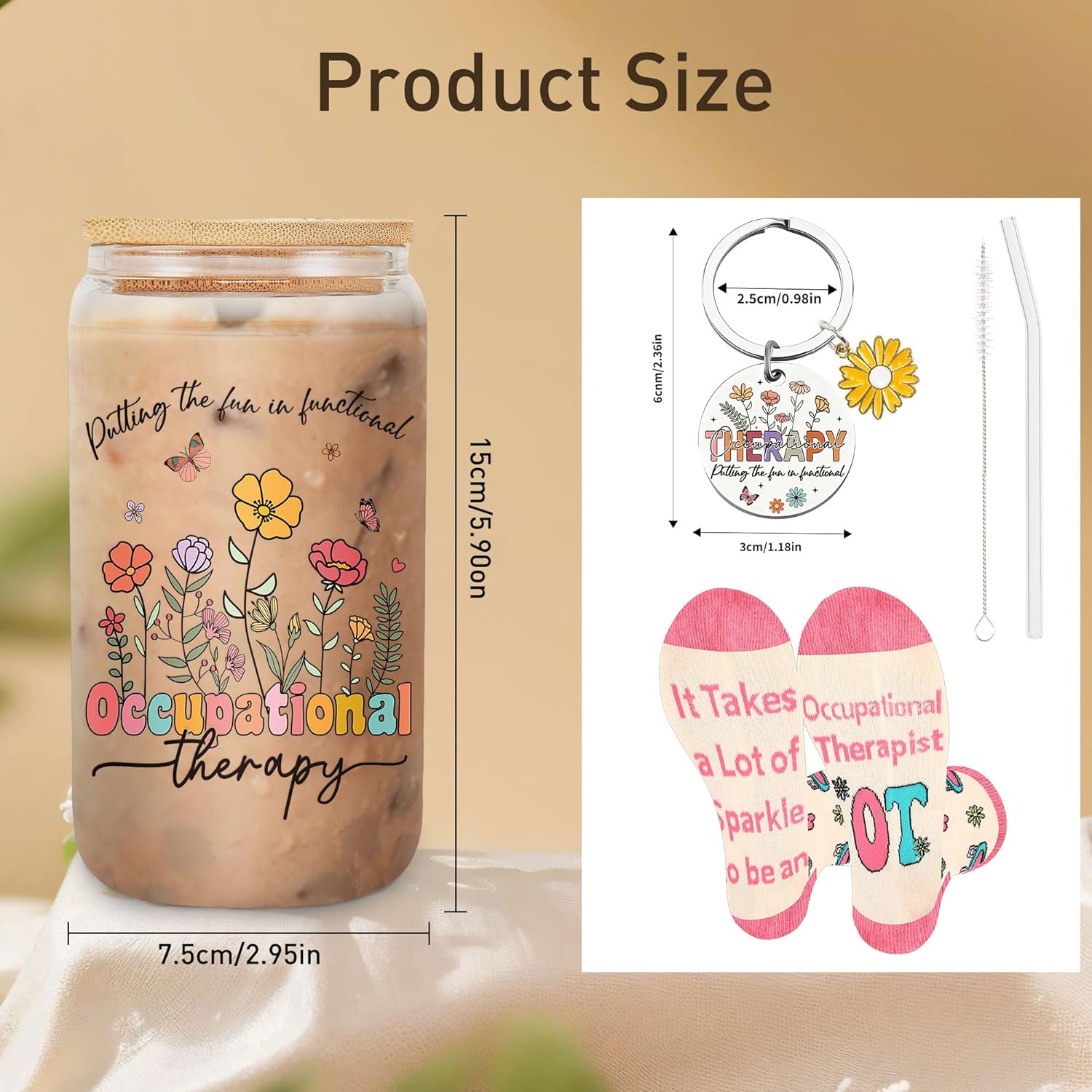 Occupational Therapy Gifts for Women, Appreciation Gift, Includes 16 oz Glass Keychain Sock, Birthday Christmas Thanks Present for Occupational Therapist - Image 2