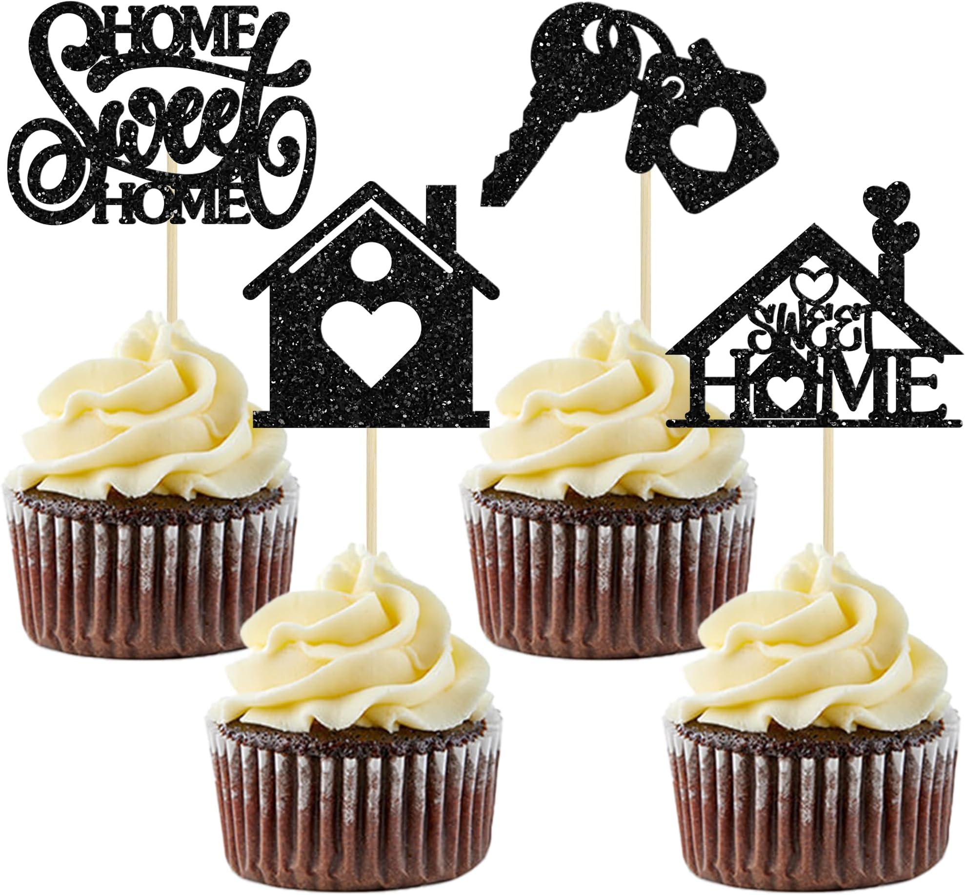 24 Pcs Sweet Home Cupcake Toppers - Golden Glitter Housewarming Party Decorations