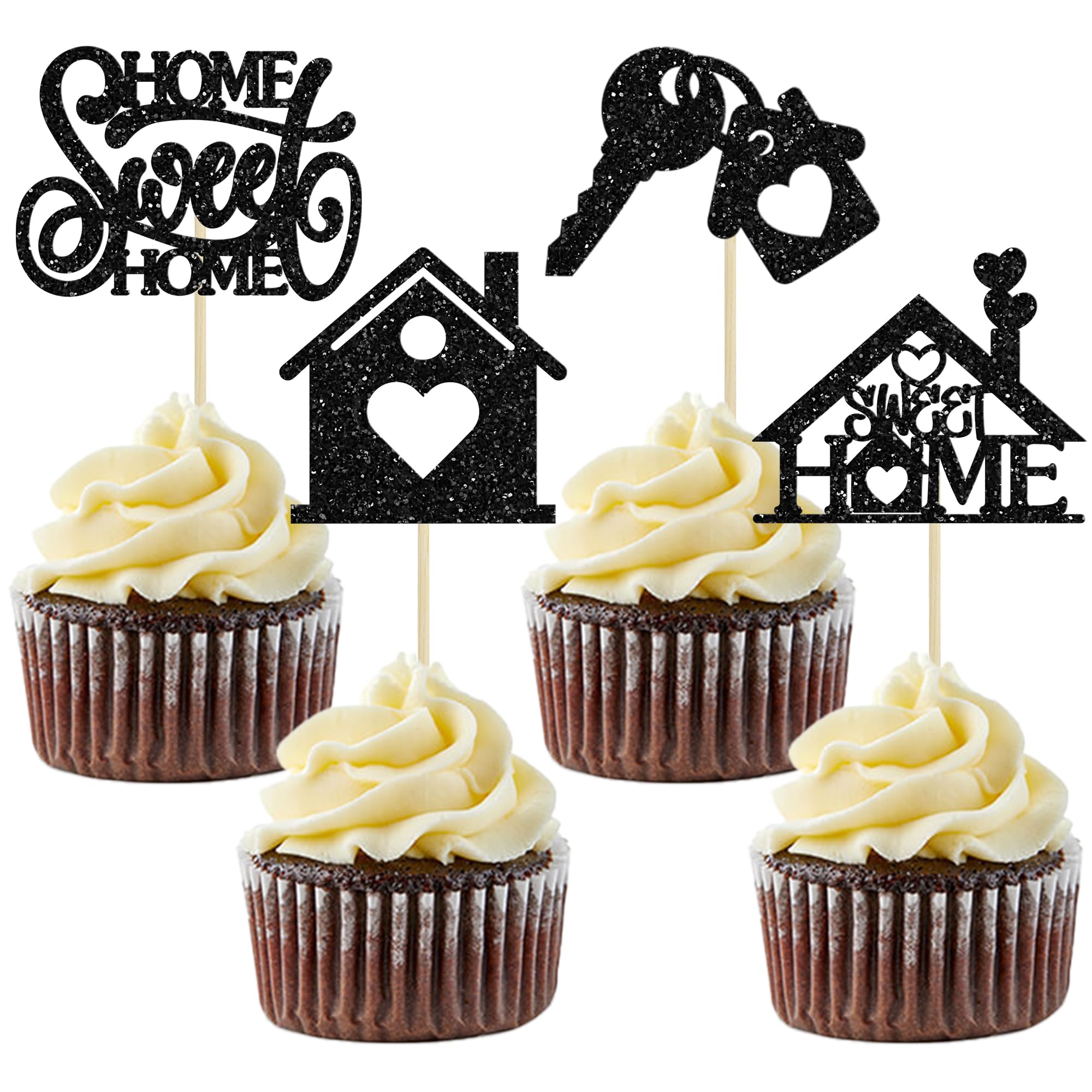 24Pcs Sweet Home Cupcake Toppers House Warming Cake Decorations Welcome New Home Cupcake Picks for Housewarming Party Decorations Black