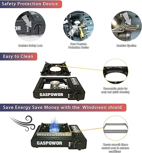 Miniatura 3 de GASPOWOR Estufa de butano de 1 quemador incluye un bloqueavientos, estufa de gas de 10000 BTU portátil con funda, estufa de campamento de encendido